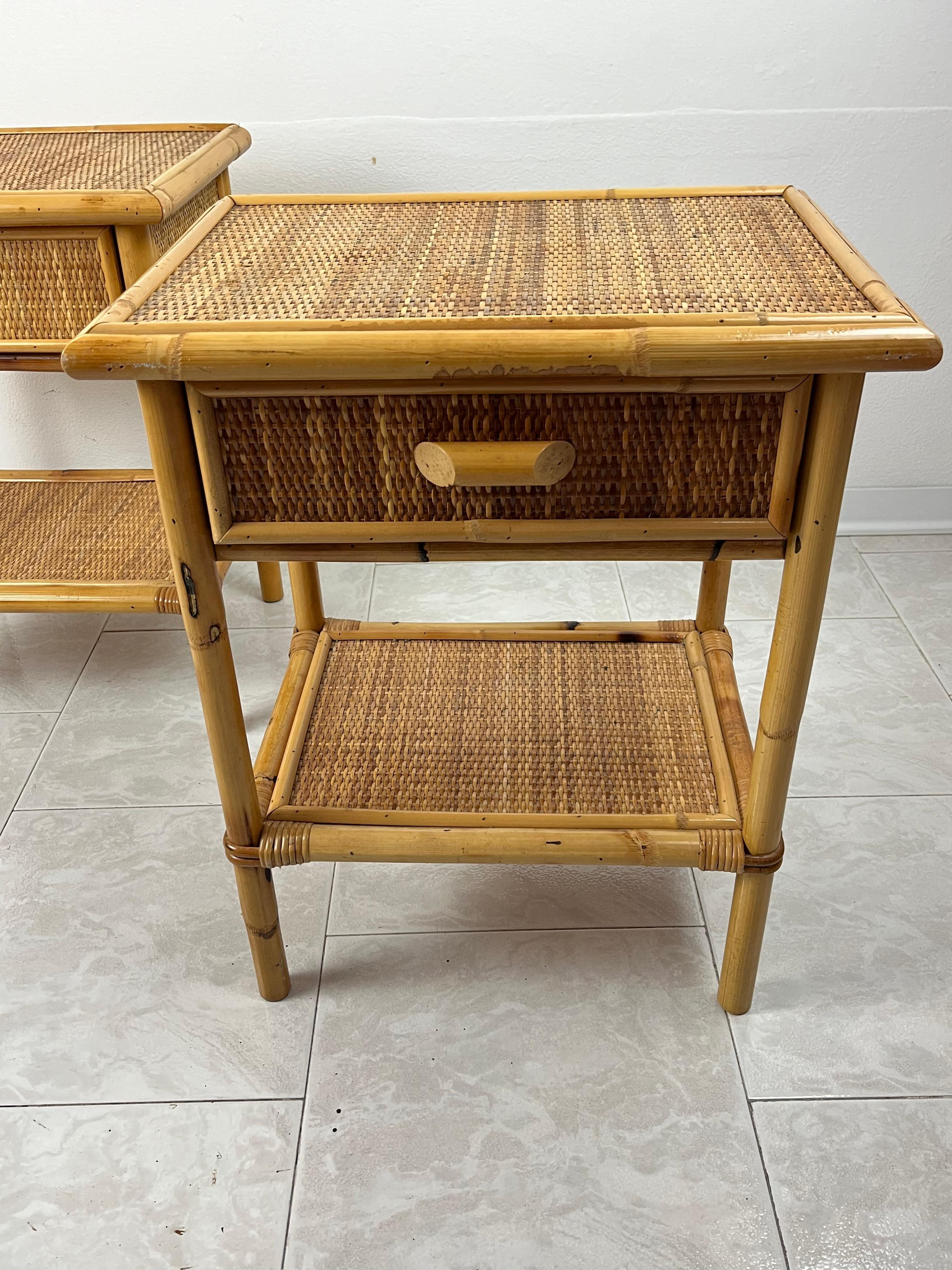 Bamboo Set of 2 Mid-Century French Riviera Wicker And Rattan Bedside Tables 1960s For Sale