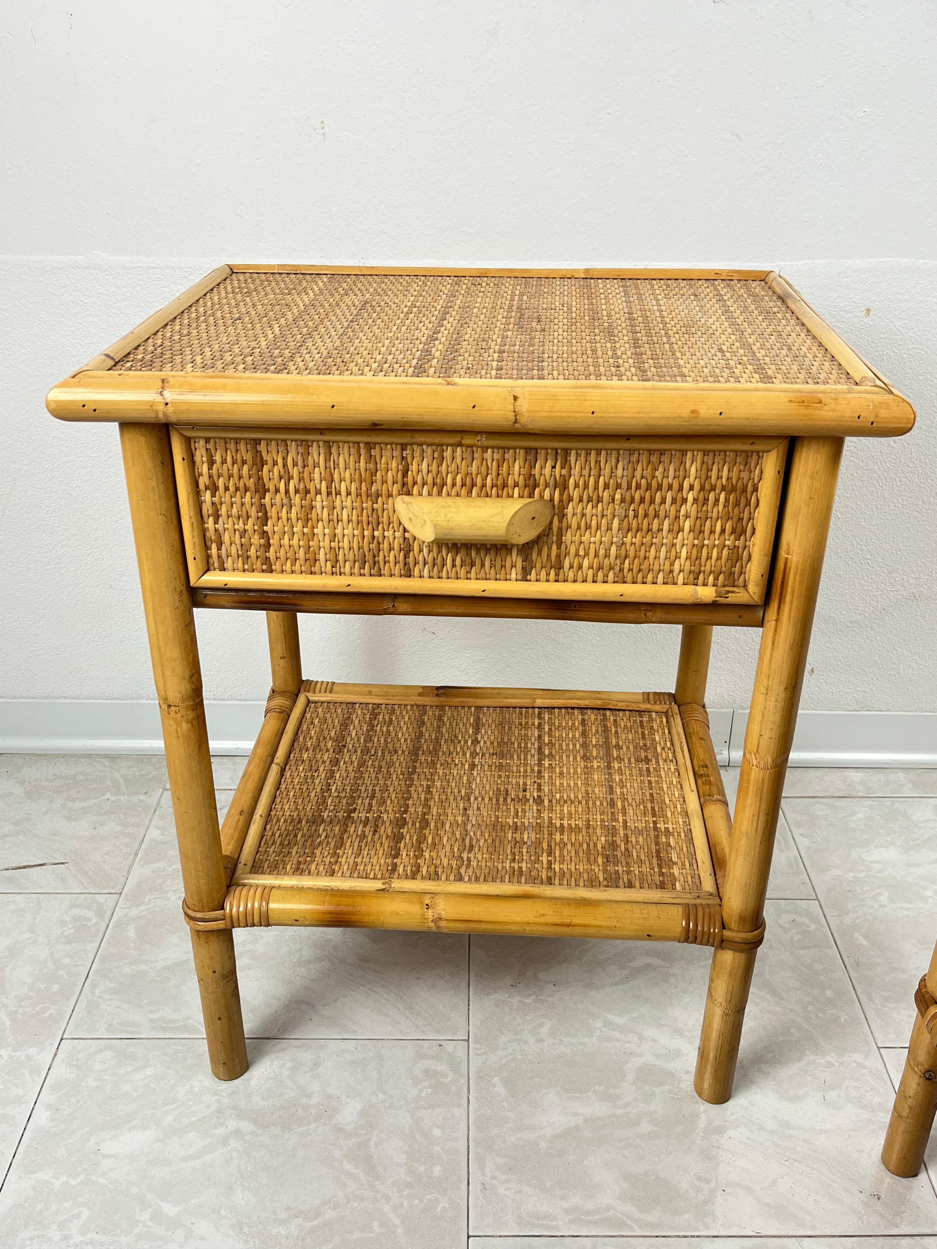 Pair of Rattan and Bamboo Bedside Tables Mid-Century Italian Design For Sale 3