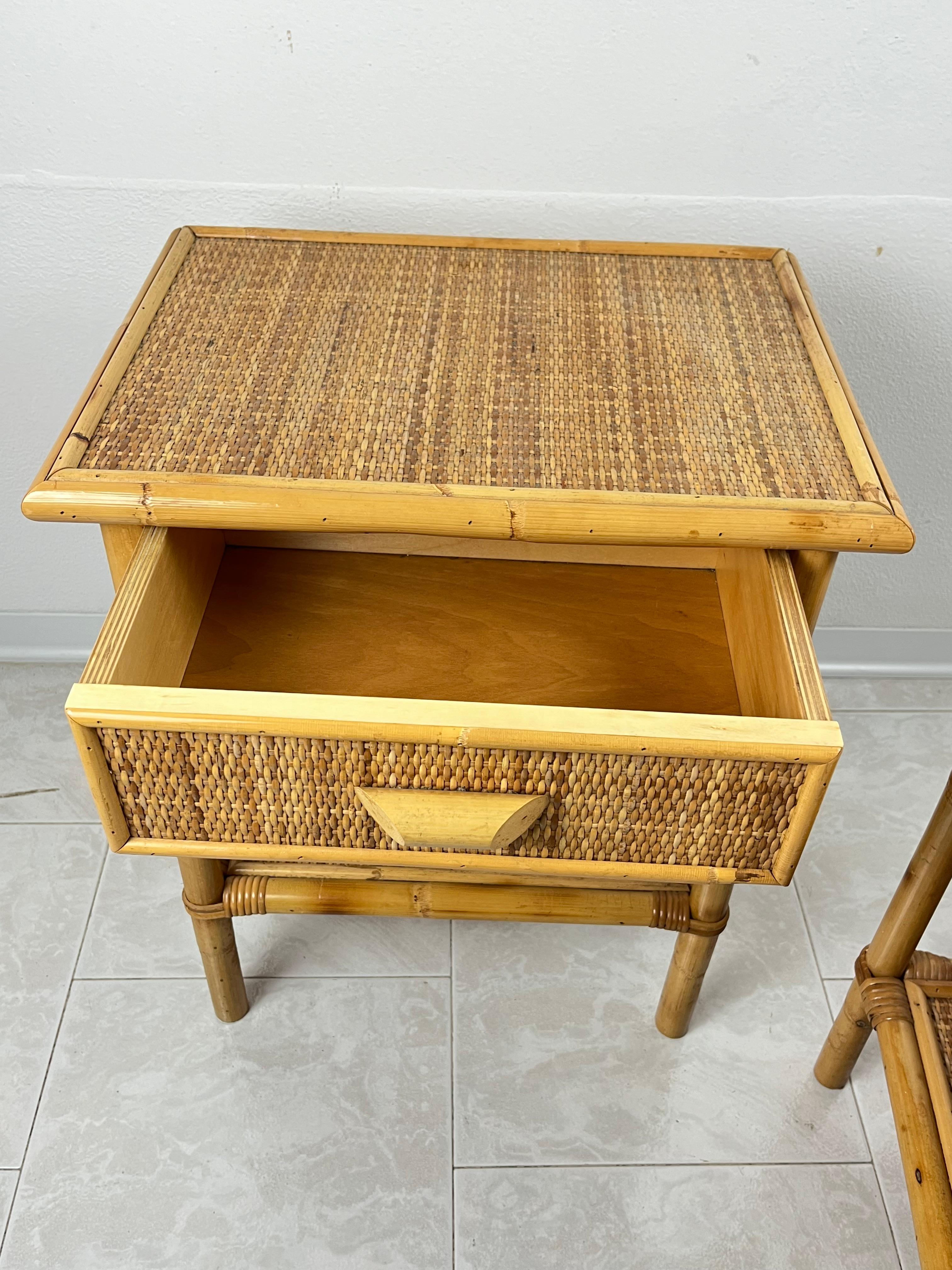 Set of 2 Mid-Century French Riviera Wicker And Rattan Bedside Tables 1960s For Sale 2