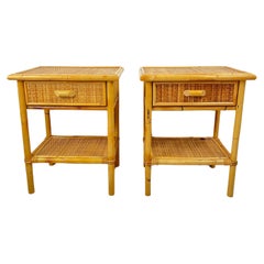 Set of 2 Mid-Century French Riviera Wicker And Rattan Bedside Tables 1960s