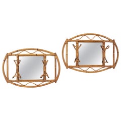 Pair of Rattan and Bamboo Italian Midcentury Mirrors with Hooks, 1960s