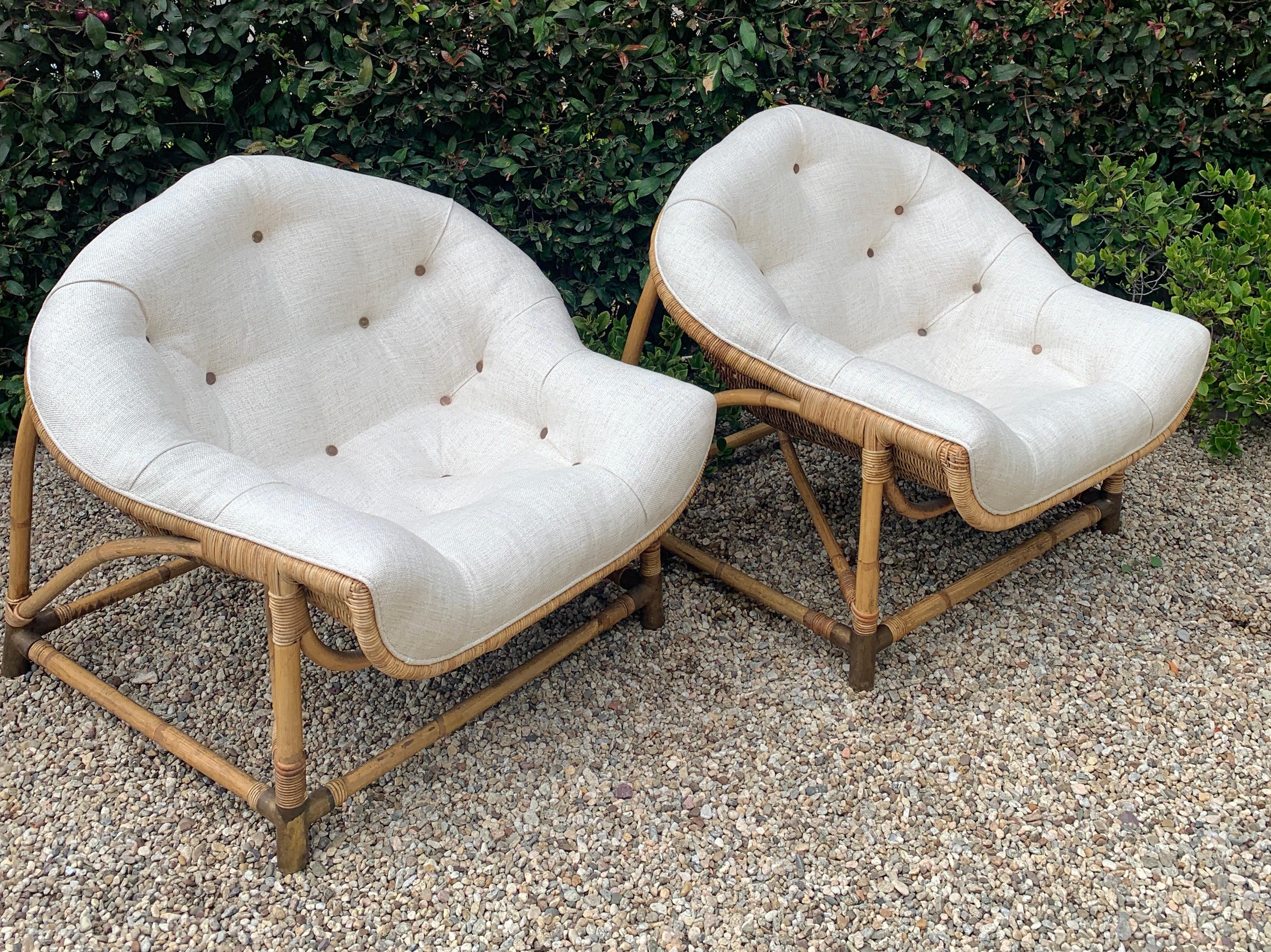 Mid-Century Modern Pair of Rattan and Bamboo Lounge Chairs with Brass Sabots