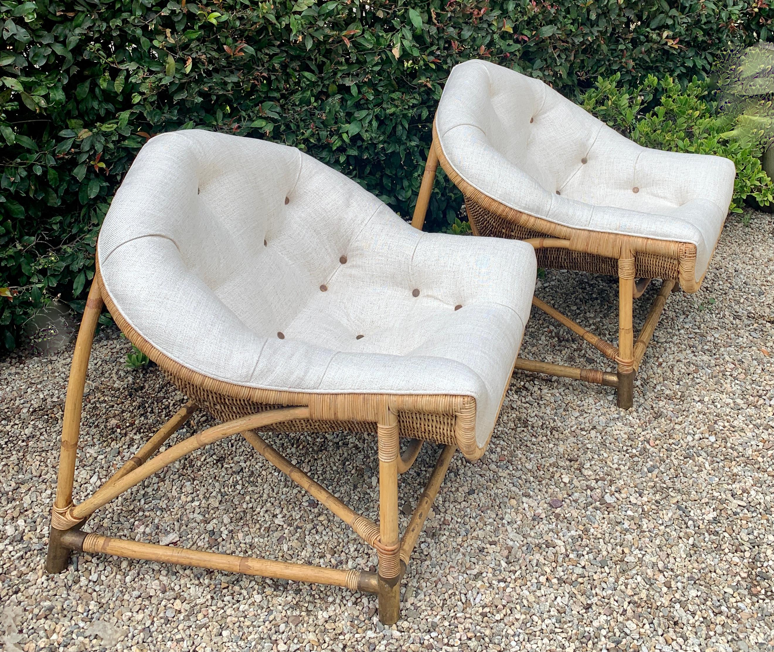 Asian Pair of Rattan and Bamboo Lounge Chairs with Brass Sabots