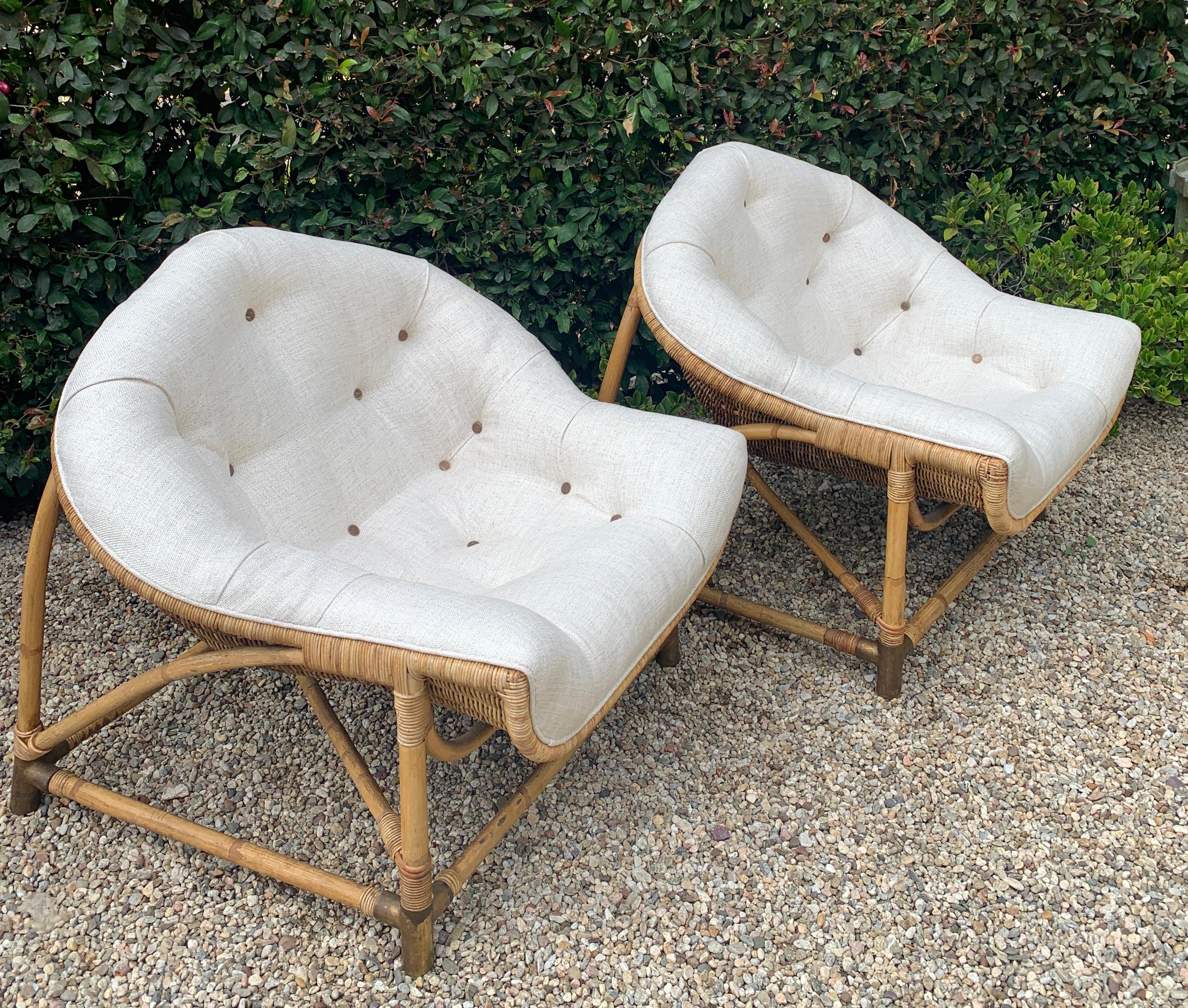 20th Century Pair of Rattan and Bamboo Lounge Chairs with Brass Sabots