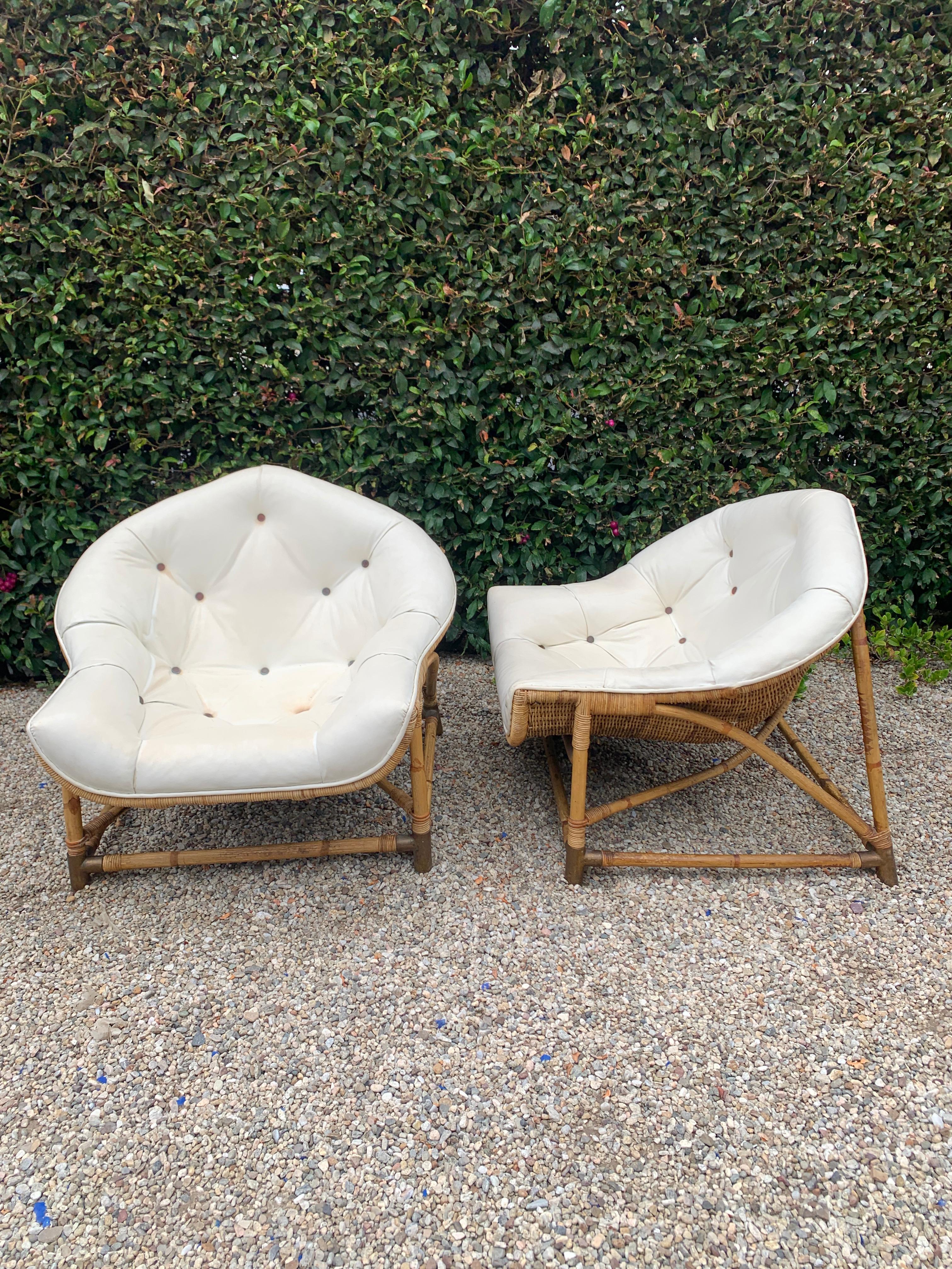 Pair of Rattan and Bamboo Lounge Chairs with Brass Sabots 2