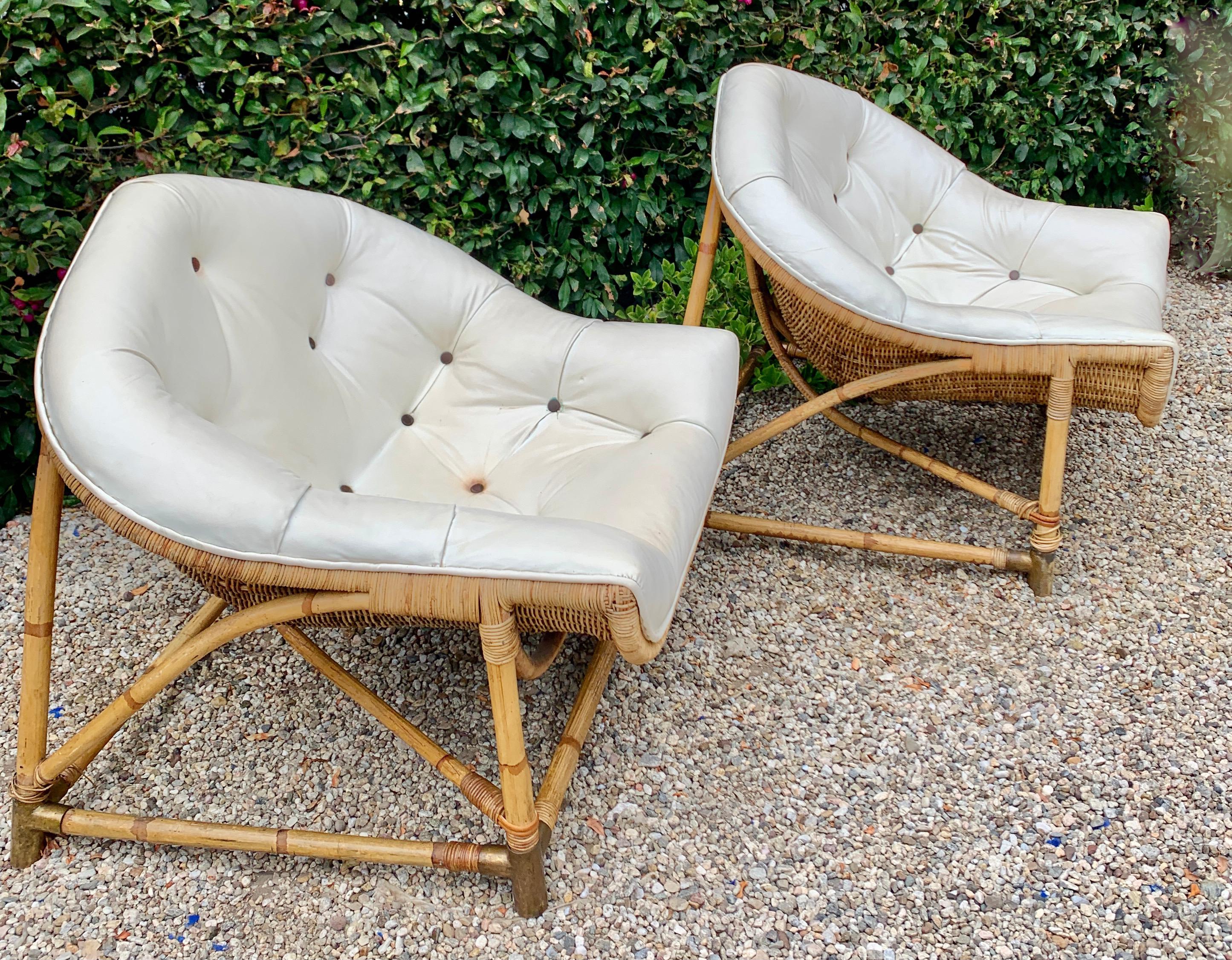 Pair of Rattan and Bamboo Lounge Chairs with Brass Sabots 3
