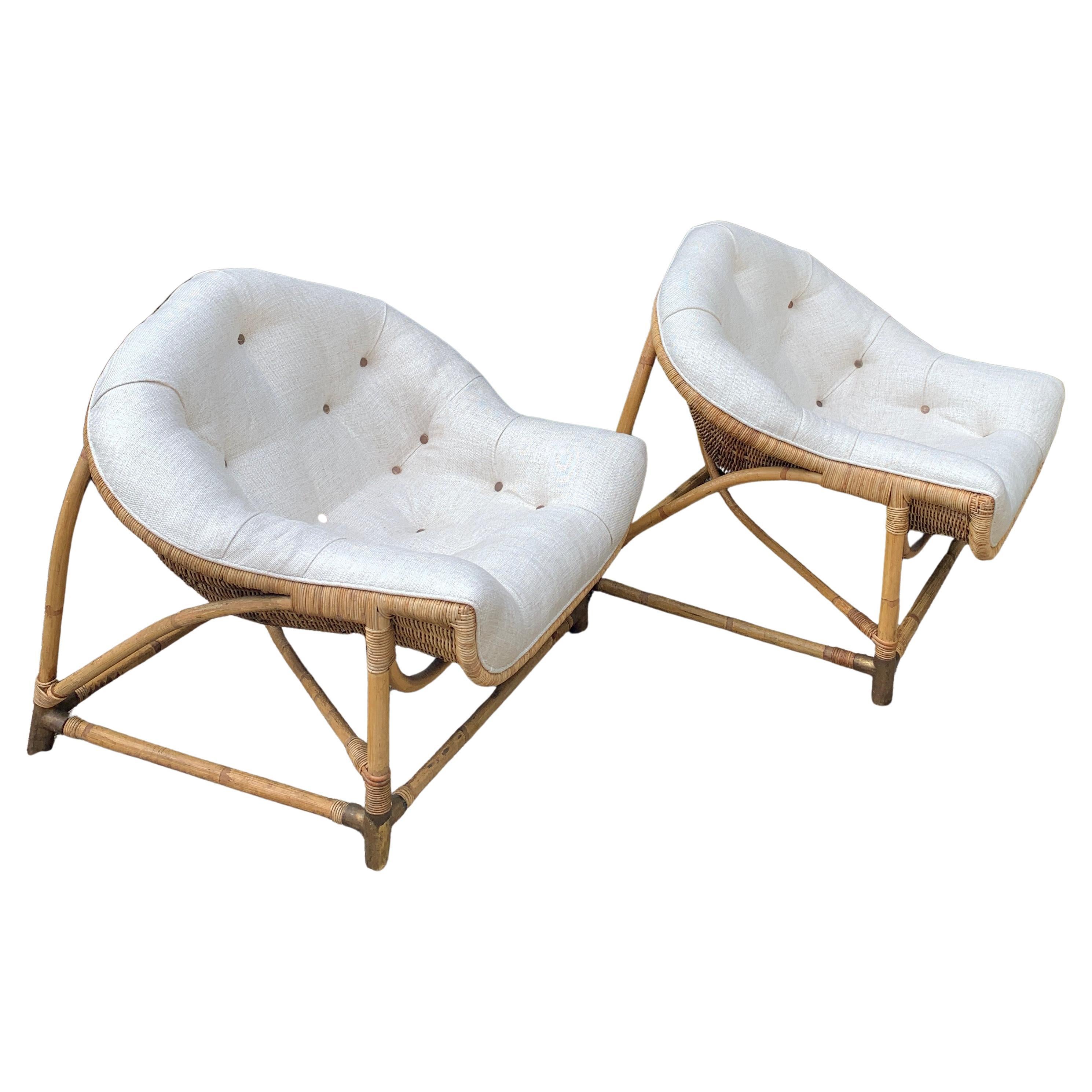 Pair of Rattan and Bamboo Lounge Chairs with Brass Sabots