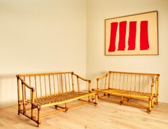 Pair of Rattan and Bamboo Sofas, in the Style of Audoux Minet, circa 1970