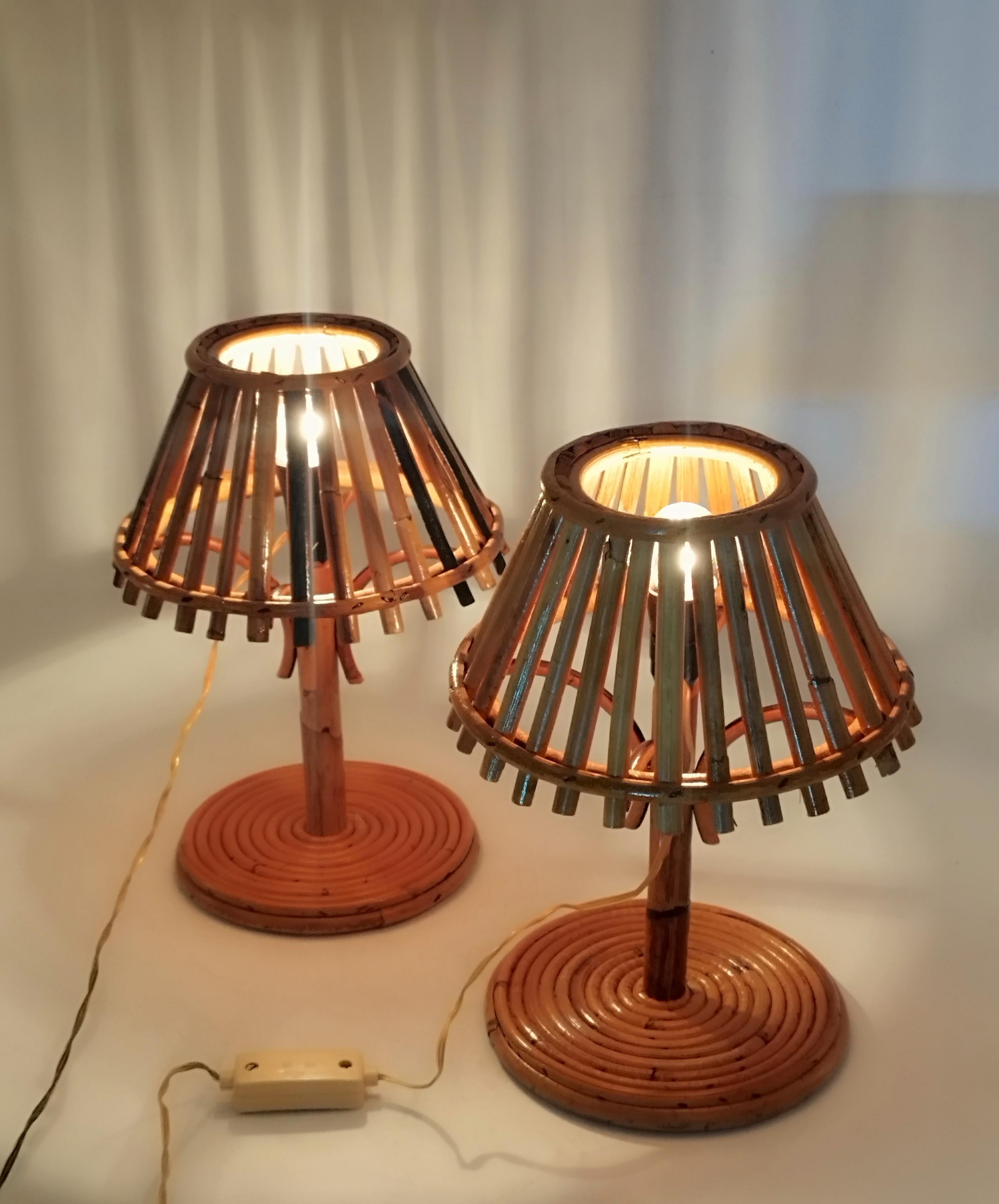 Mid-20th Century Pair of Rattan and Bamboo Table Lamps, Italy, 1960s For Sale