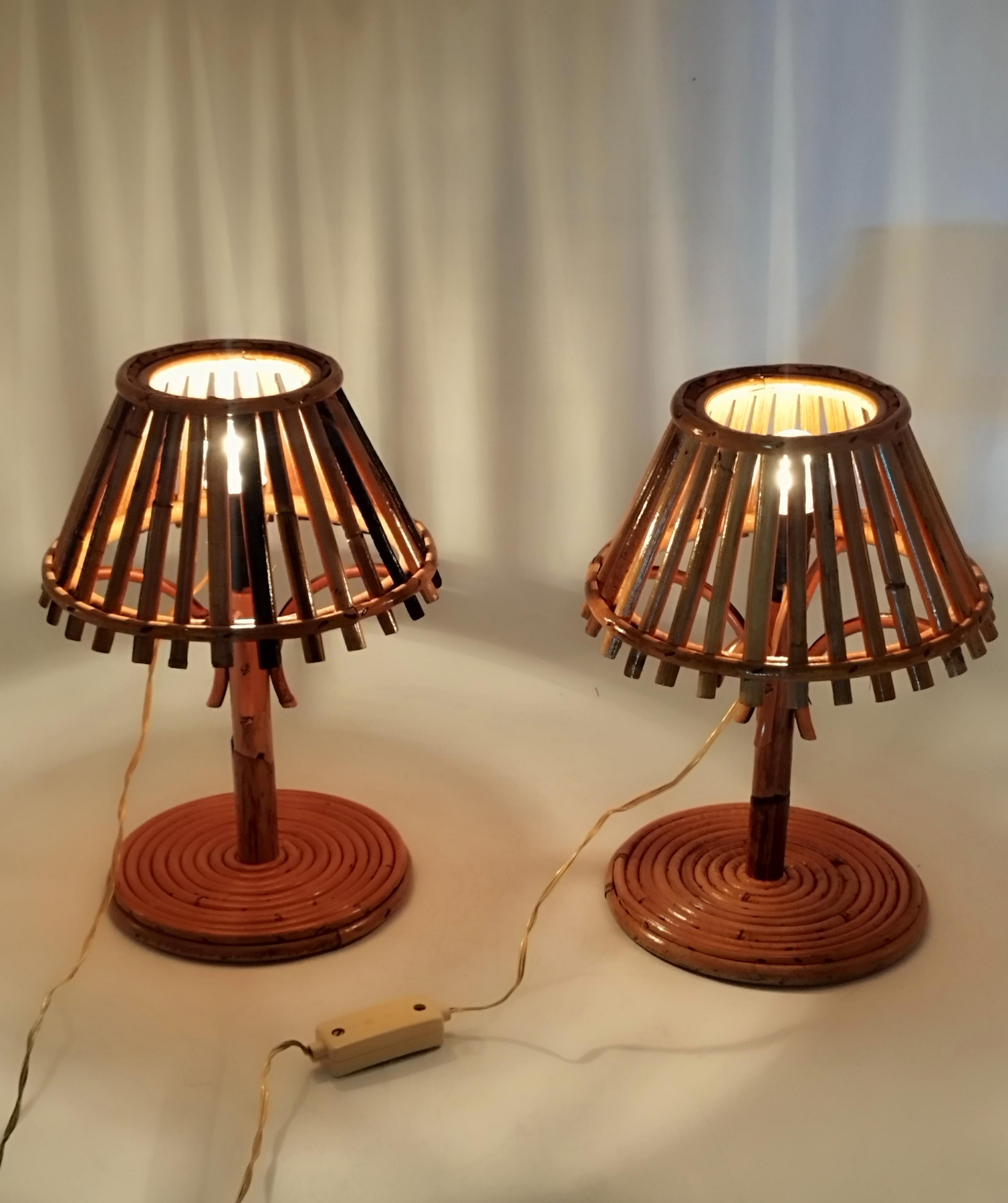 Pair of Rattan and Bamboo Table Lamps, Italy, 1960s For Sale 1