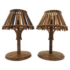 Vintage Pair of Rattan and Bamboo Table Lamps, Italy, 1960s