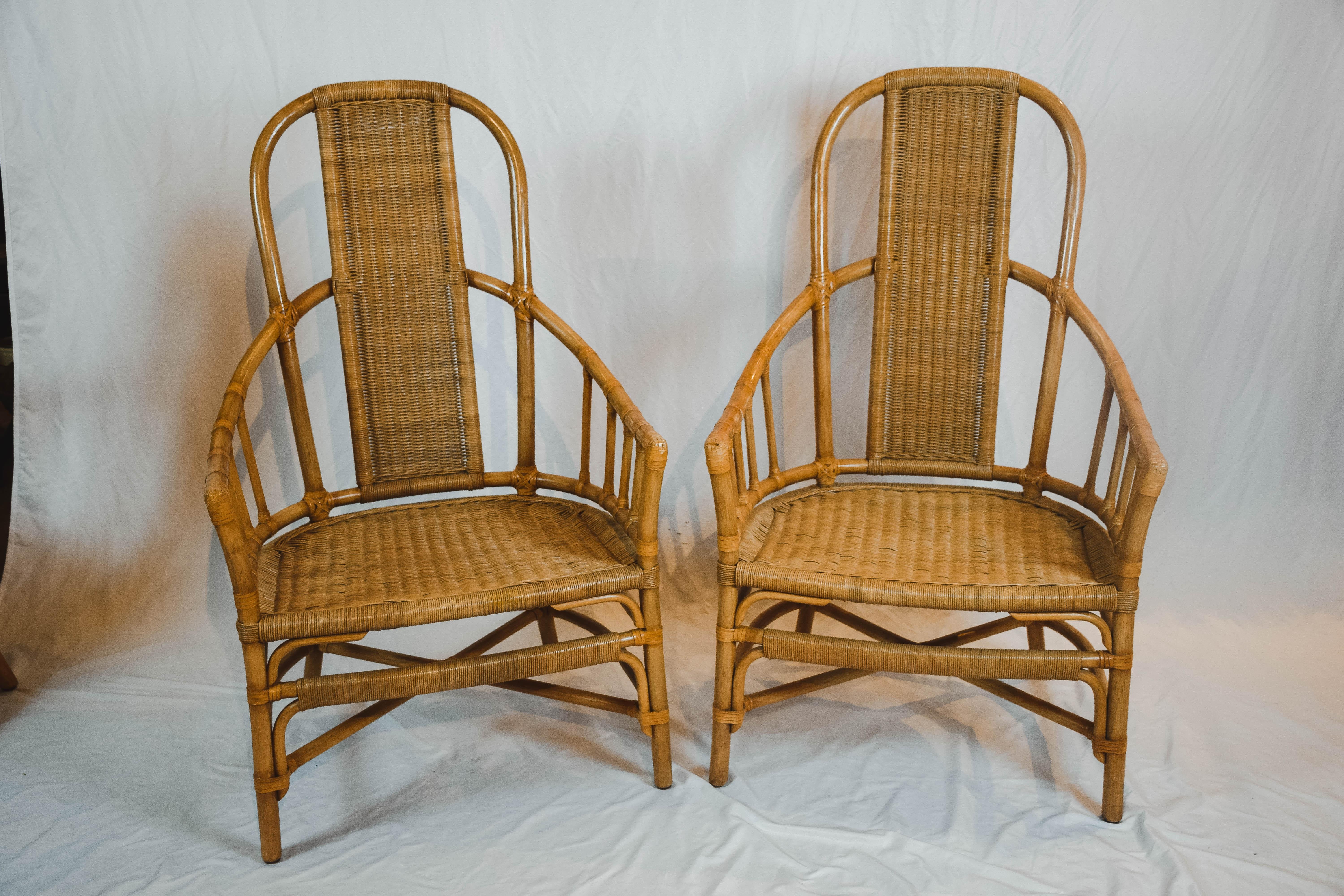 Mid-Century Modern Pair of Rattan and Bentwood Armchairs