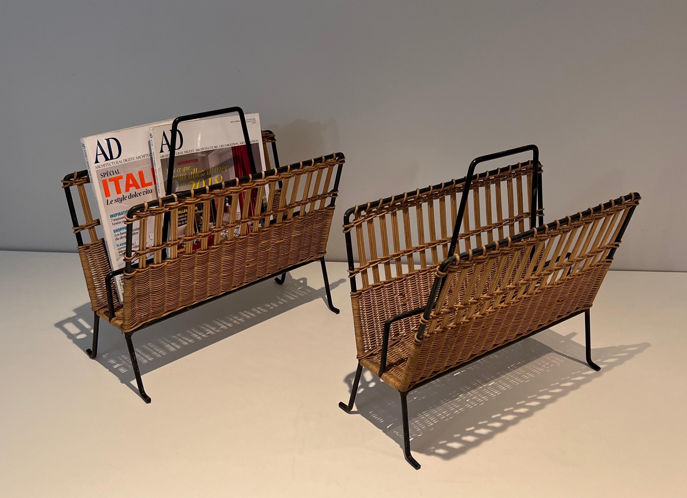 Pair of Rattan and Black Lacquered Magazine Rack For Sale 4