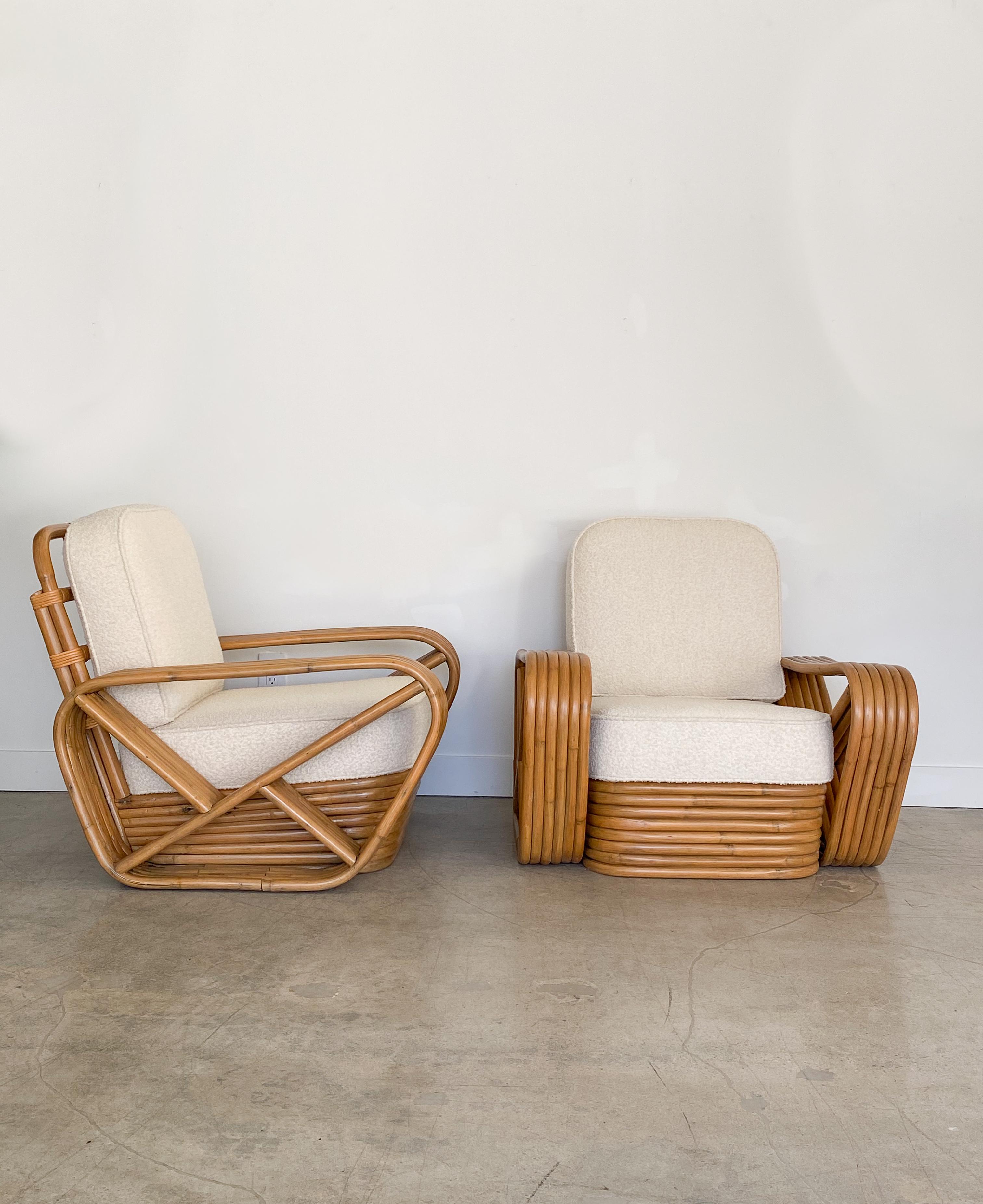 Pair of rattan lounge chairs in the style of Paul Frankl. Stacked rattan base and 6 strand arm with Classic design. Rattan has been restored and cushions newly upholstered in a creamy bouclé.