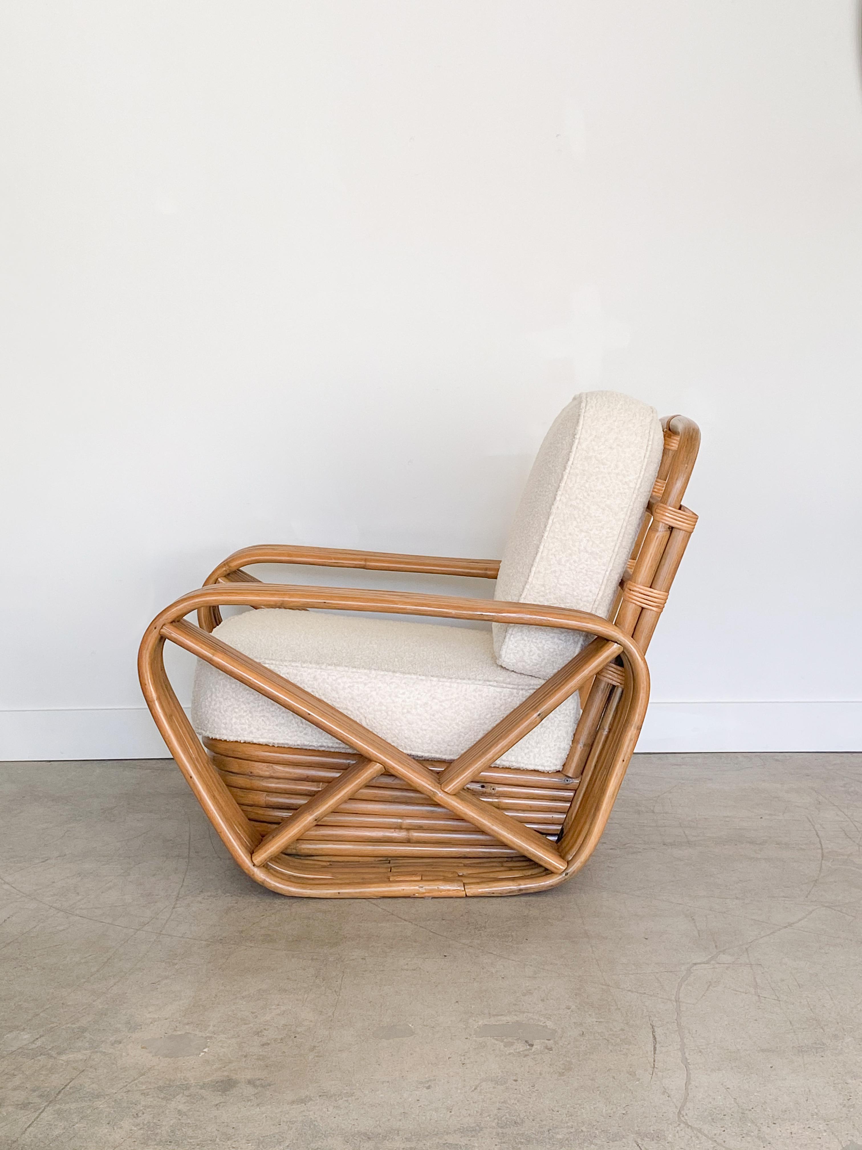 North American Pair of Rattan and Boucle Lounge Chairs in the Style of Paul Frankl