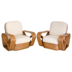 Pair of Rattan and Boucle Lounge Chairs in the Style of Paul Frankl