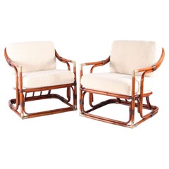 Vintage Pair of rattan and brass armchairs