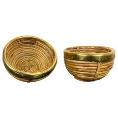 Pair of Rattan and Brass Basket, Italy, 1970s