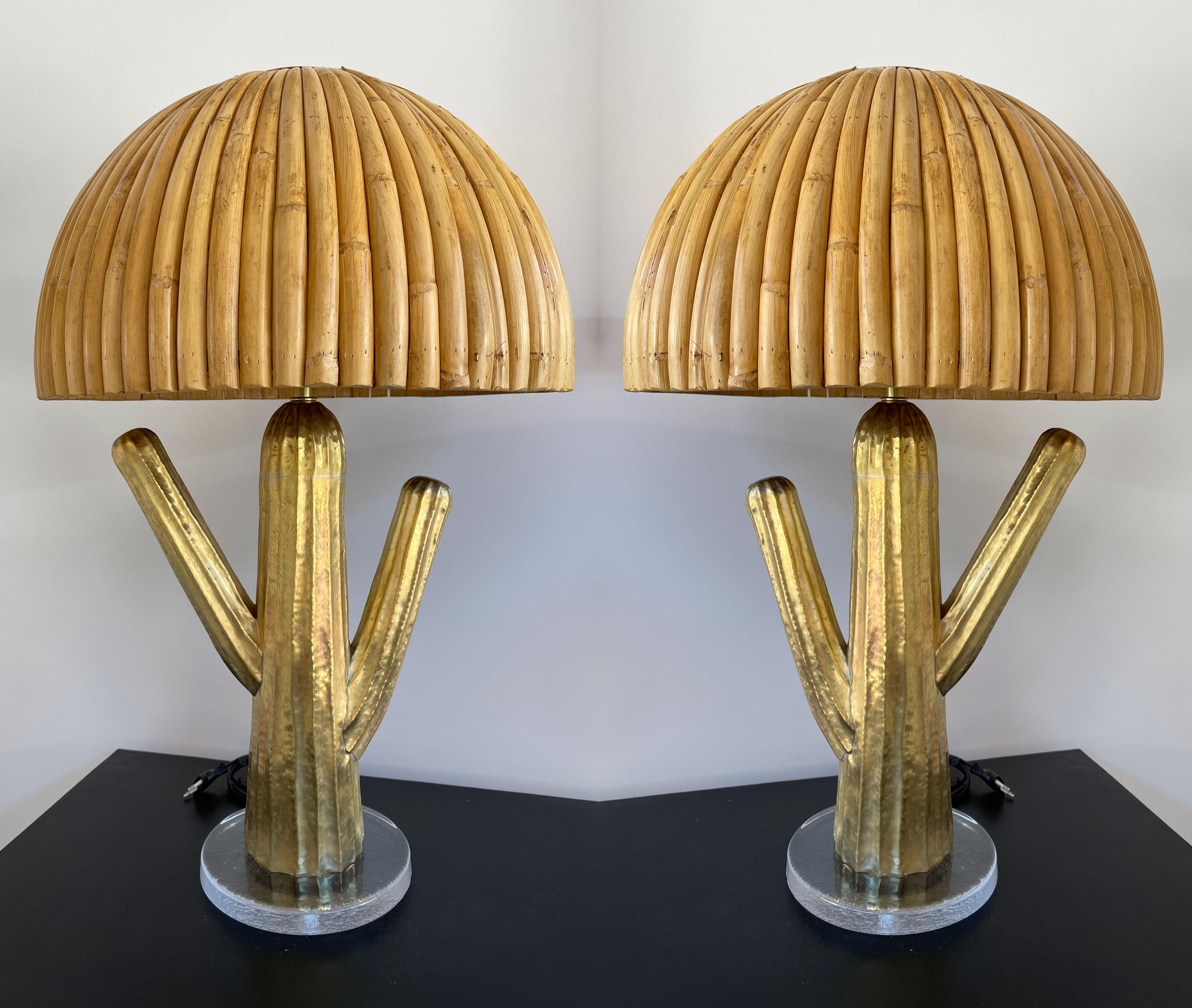 Pair of Rattan and Brass Cactus Lamps, Italy For Sale 5