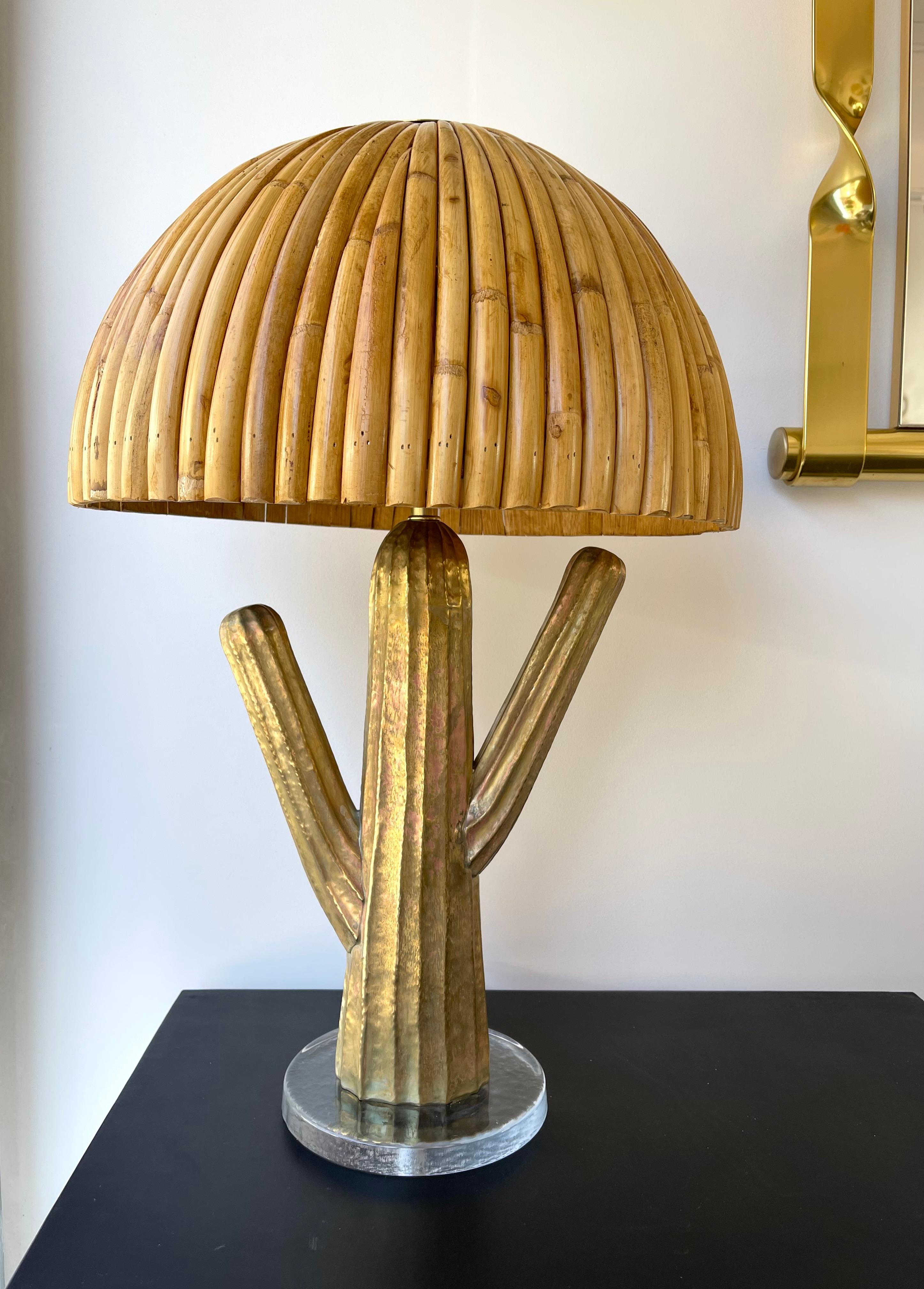 Murano Glass Pair of Rattan and Brass Cactus Lamps, Italy For Sale