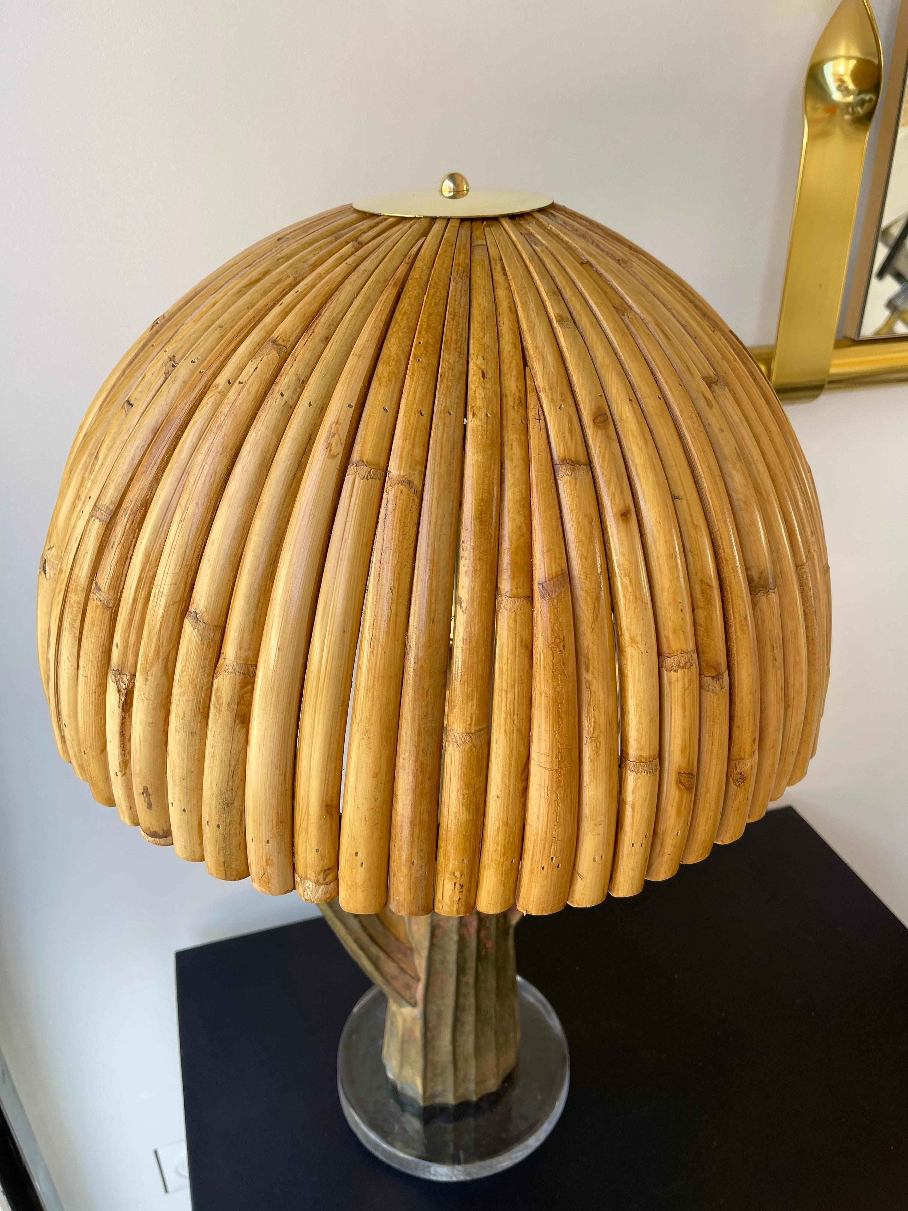 Pair of Rattan and Brass Cactus Lamps, Italy For Sale 1