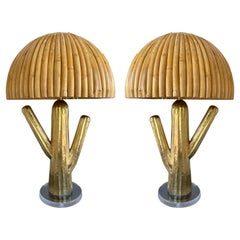 Paire de lampes Cactus en rotin et laiton, Italie
