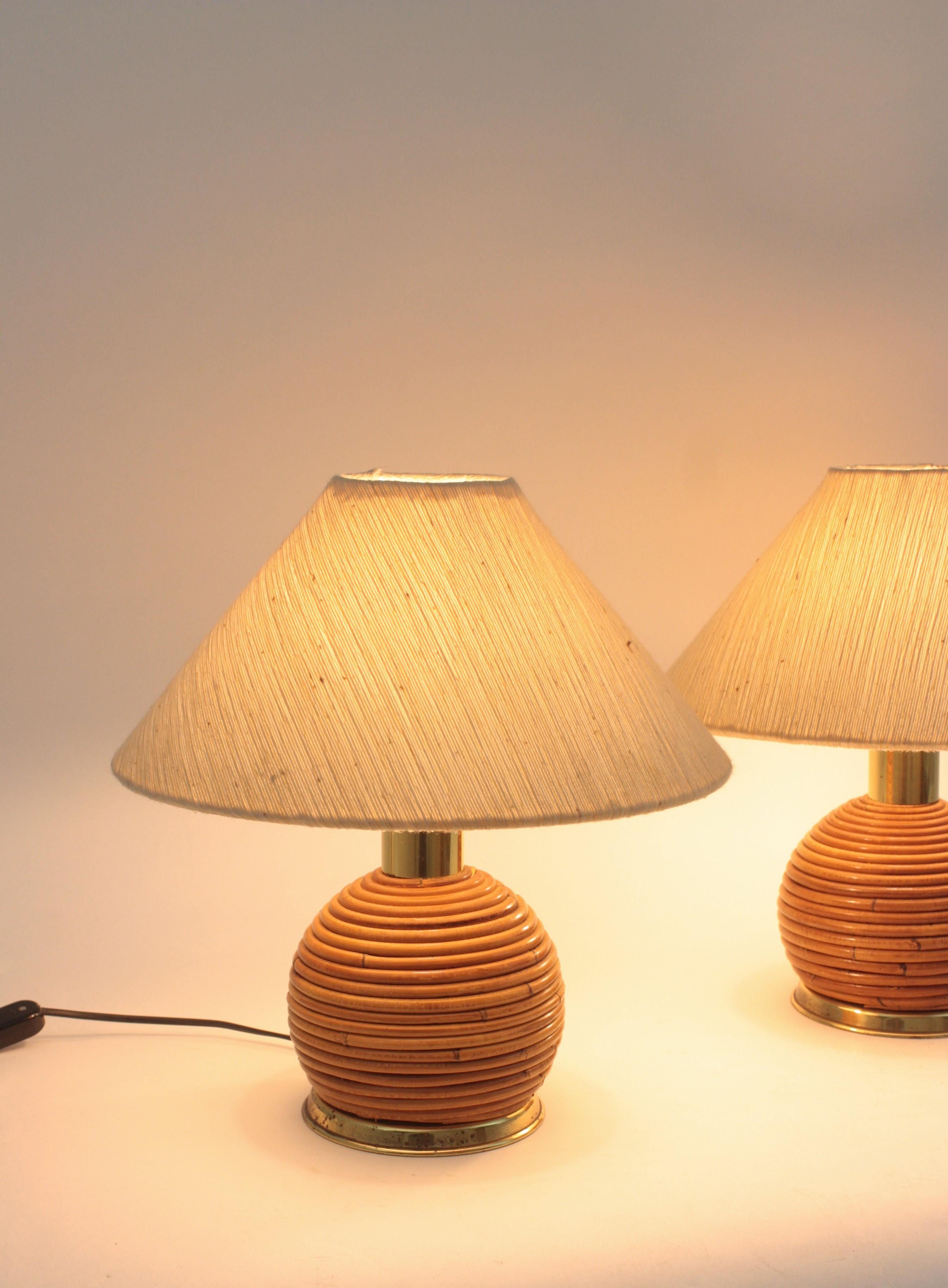 Pair of Rattan and Brass Italian Ball Table Lamps 4