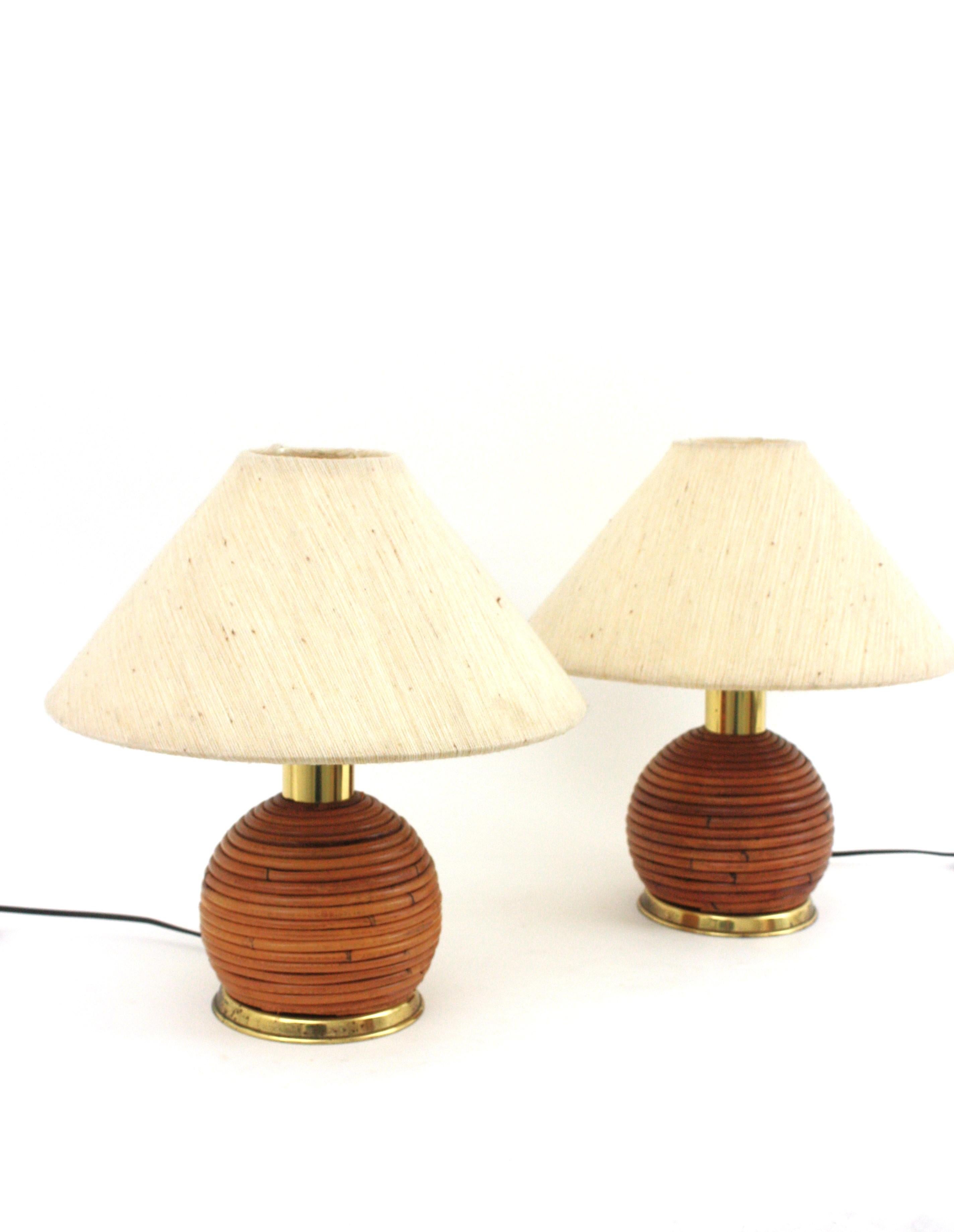 Pair of Rattan and Brass Italian Ball Table Lamps 5