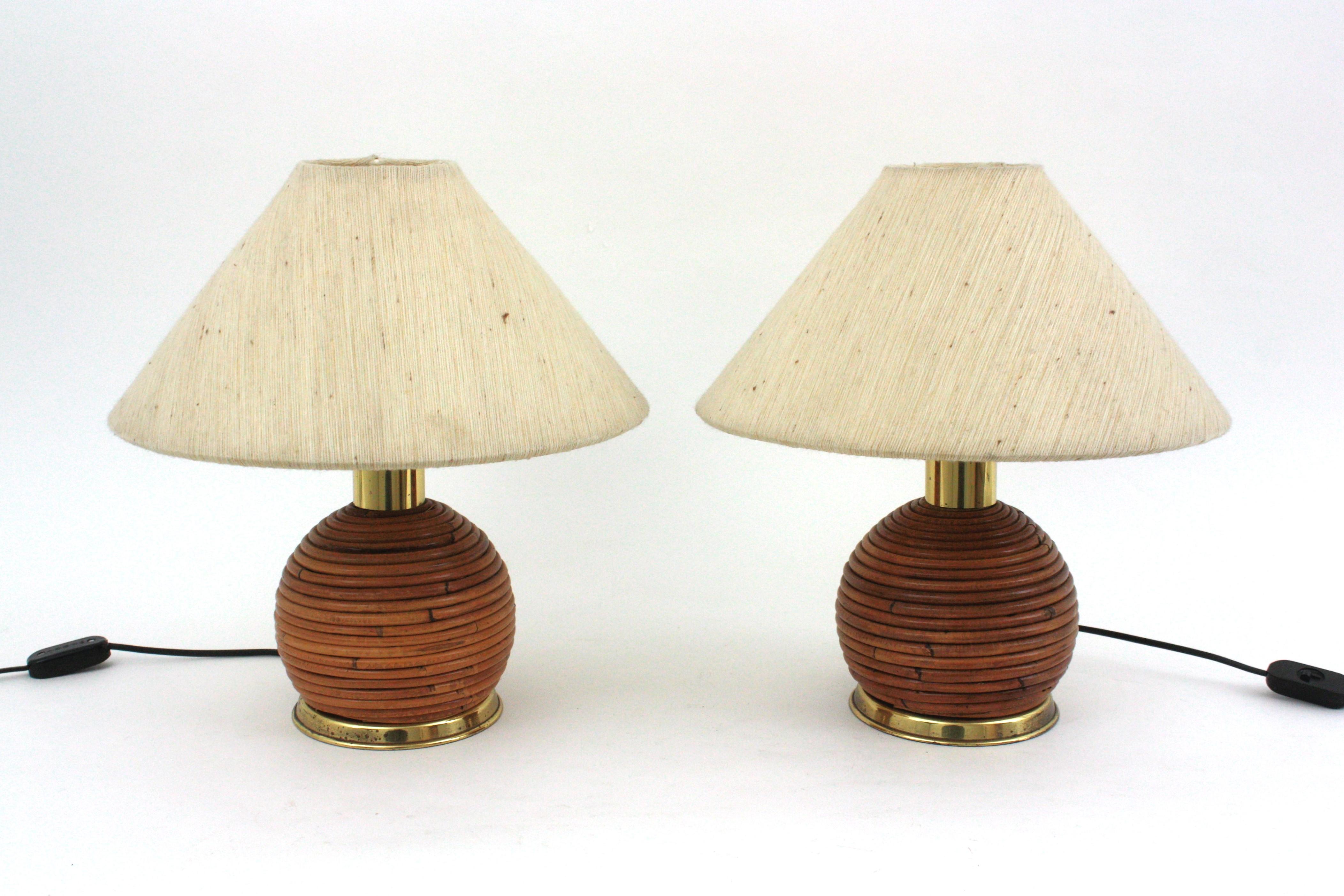 Pair of Rattan and Brass Italian Ball Table Lamps 7
