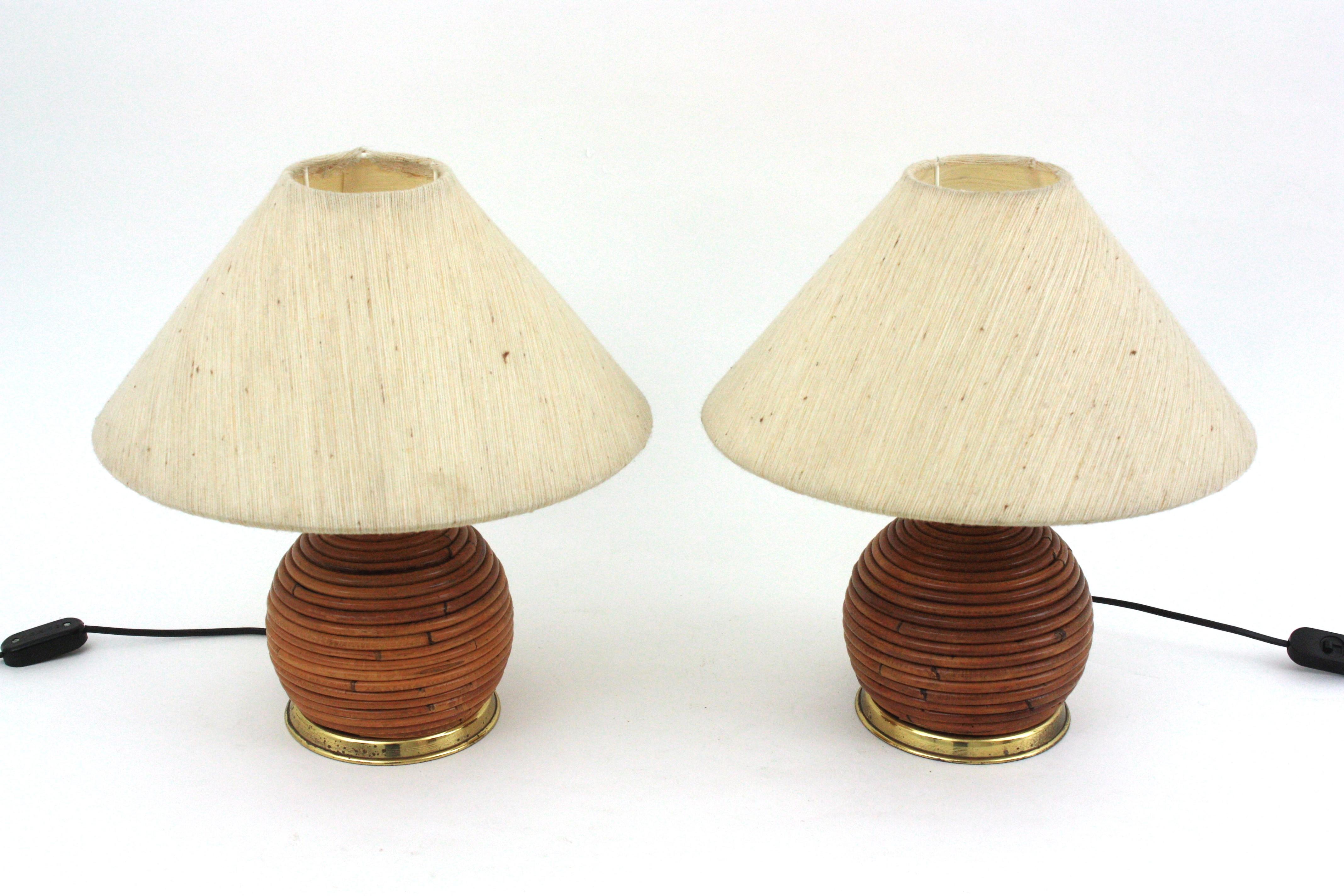 Pair of Rattan and Brass Italian Ball Table Lamps 8