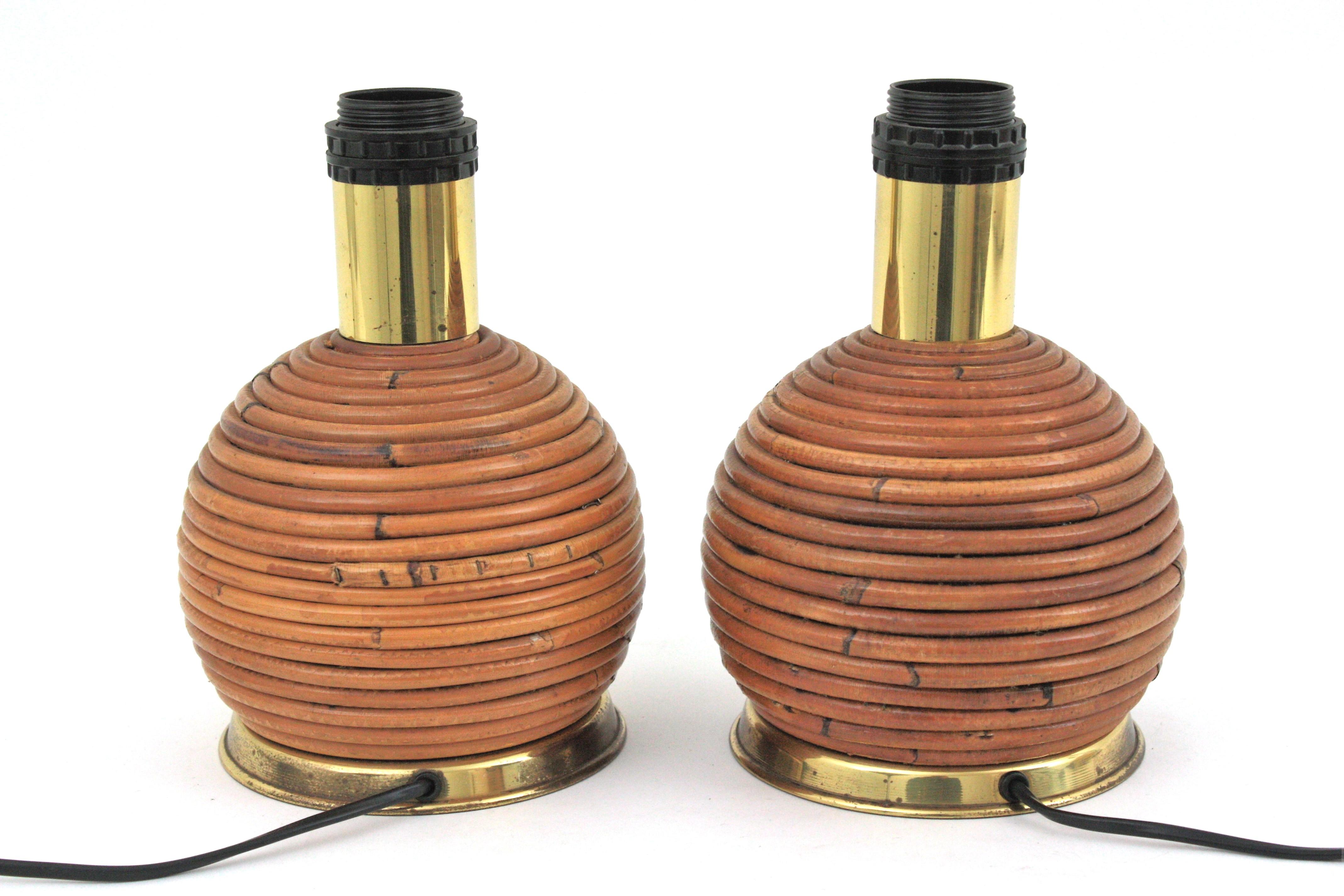 Pair of Rattan and Brass Italian Ball Table Lamps 9