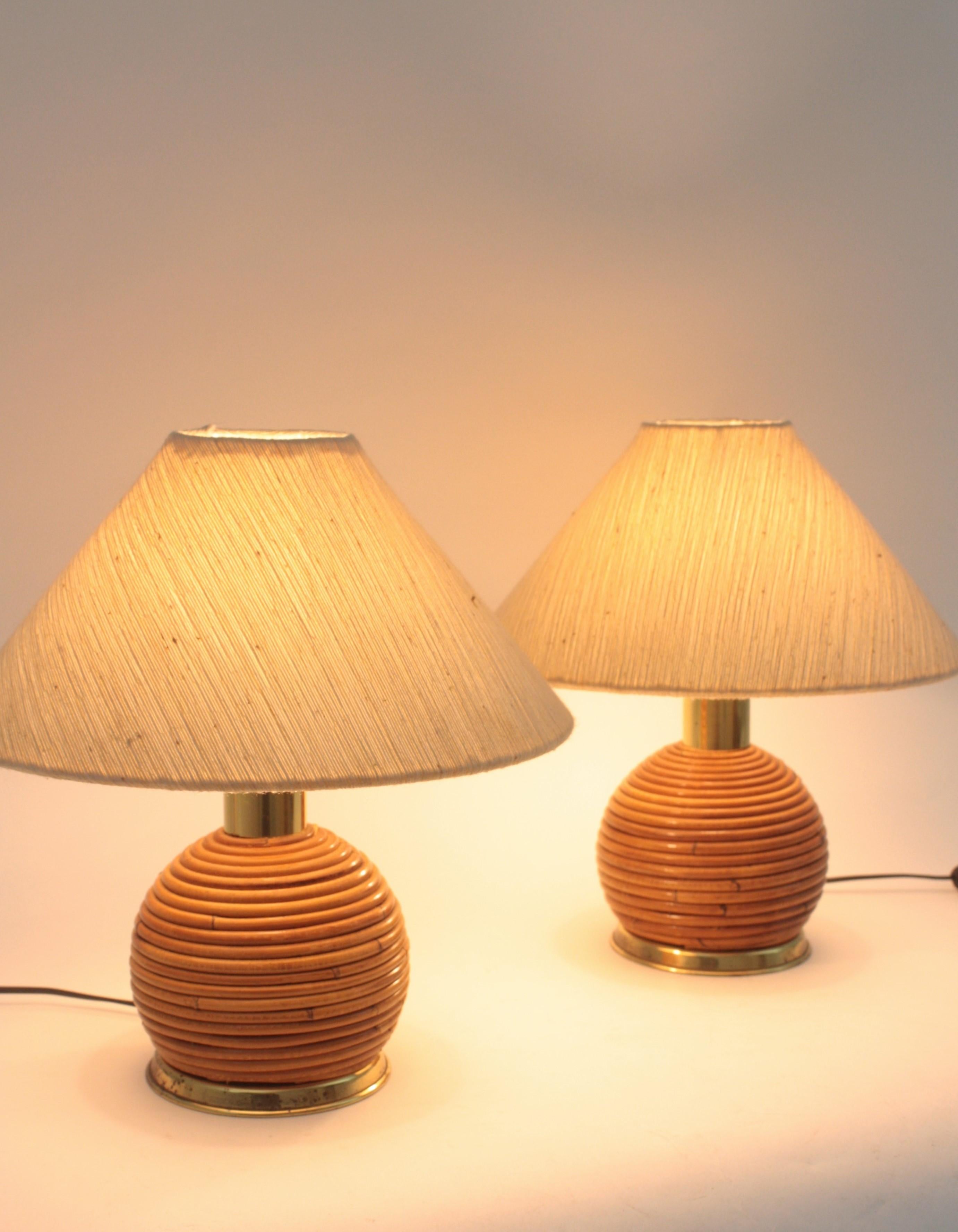 Mid-Century Modern Pair of Rattan and Brass Italian Ball Table Lamps