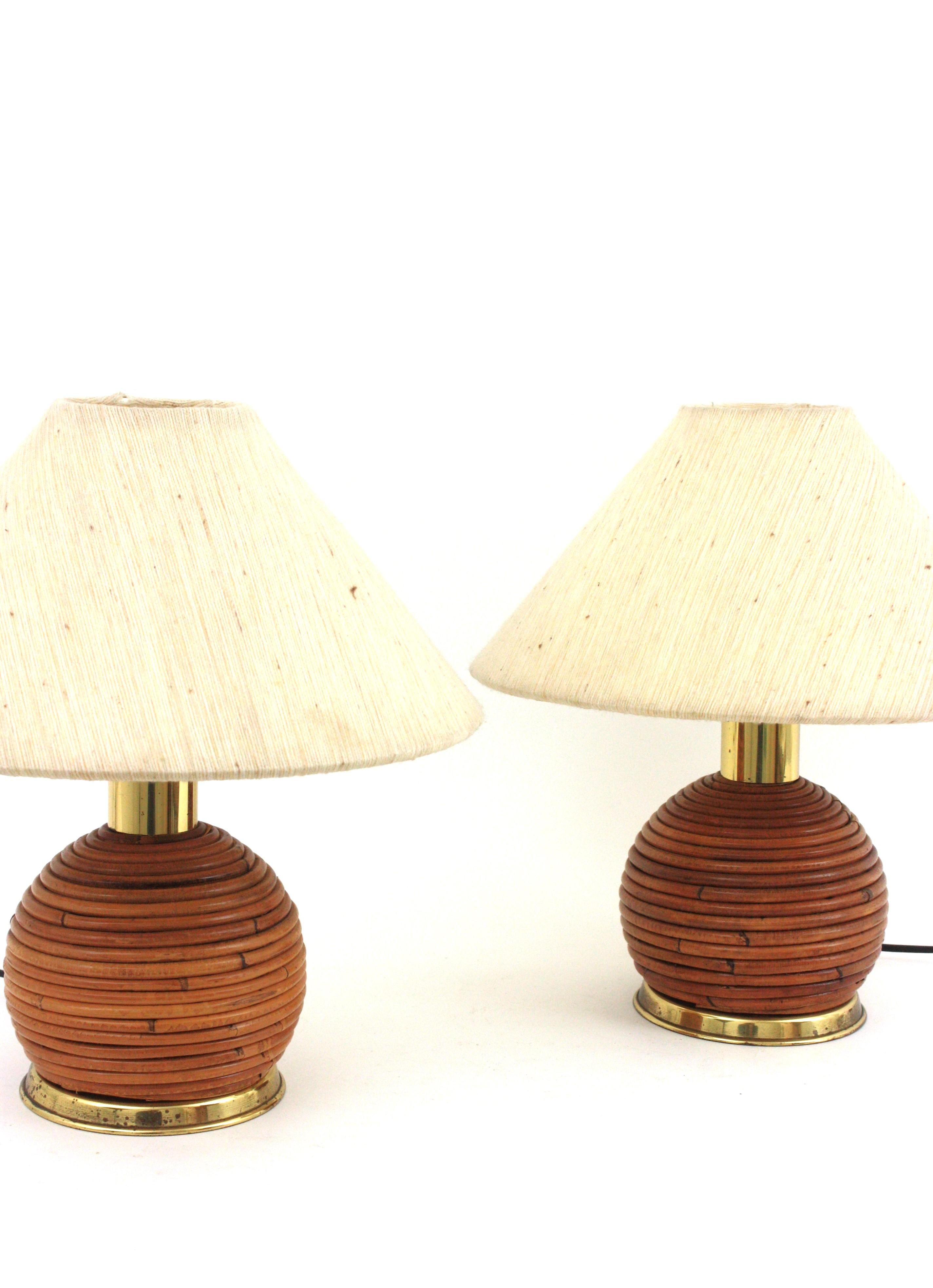 Hand-Crafted Pair of Rattan and Brass Italian Ball Table Lamps