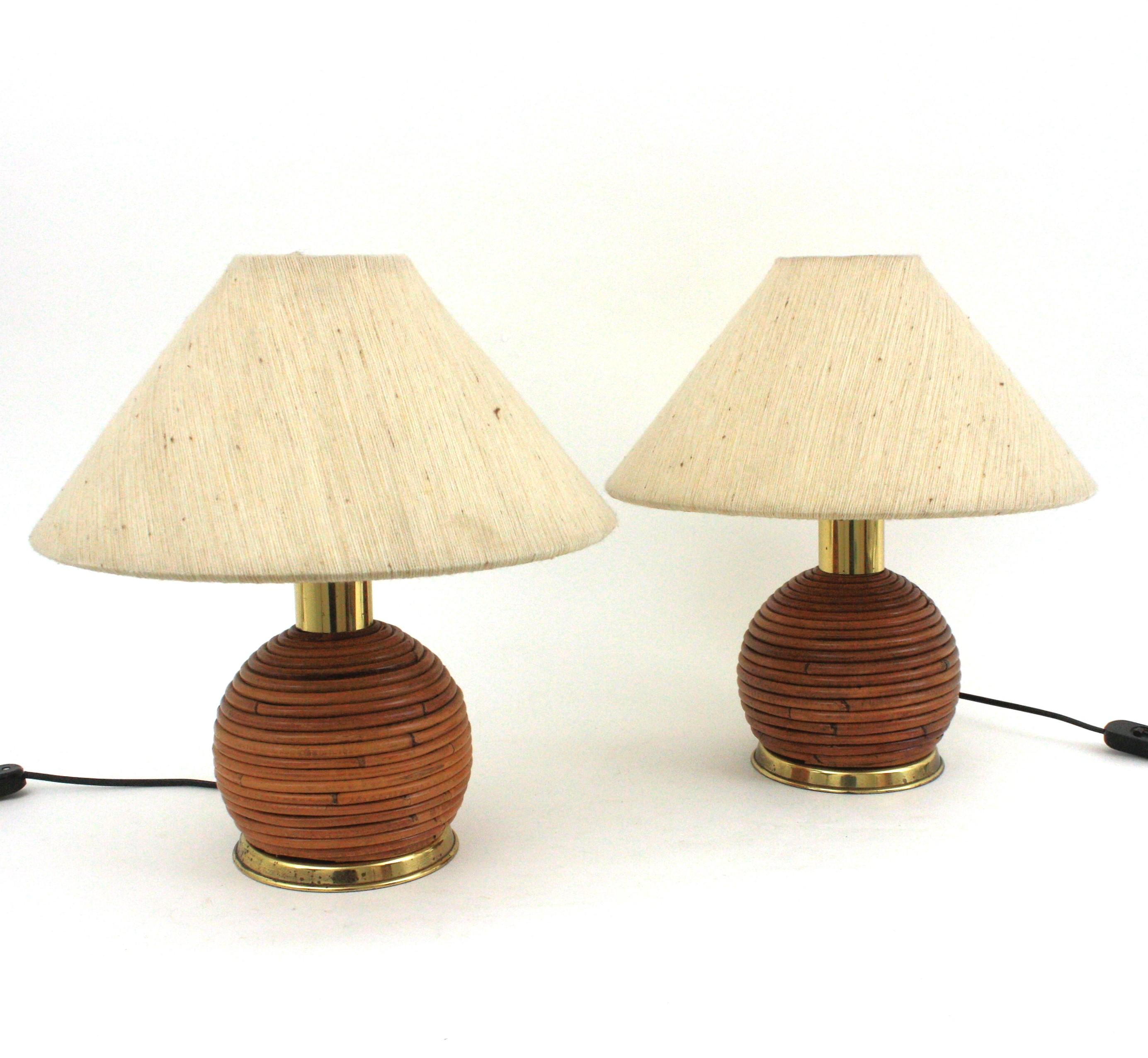 Pair of Rattan and Brass Italian Ball Table Lamps 1