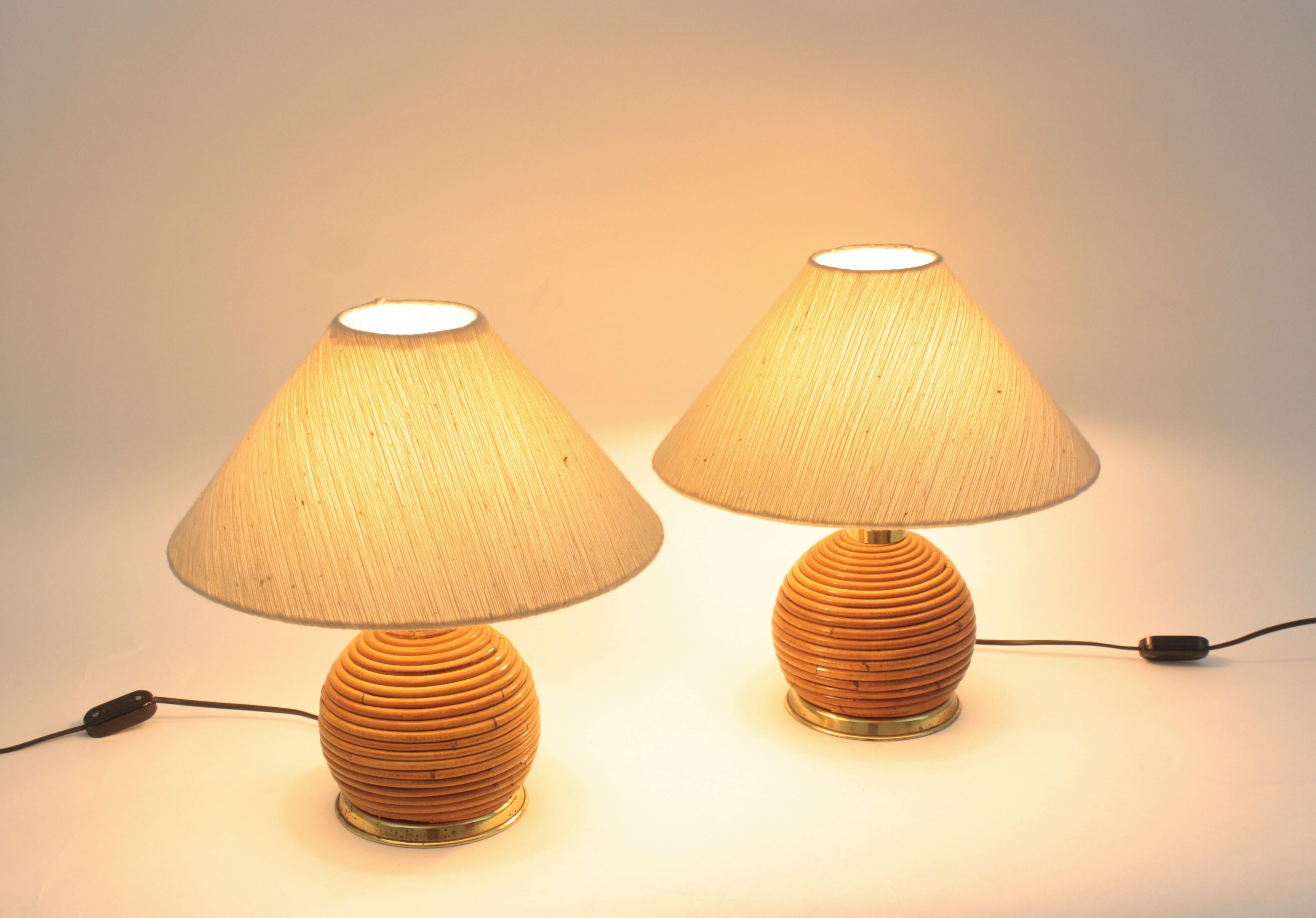 Pair of Rattan and Brass Italian Ball Table Lamps 2