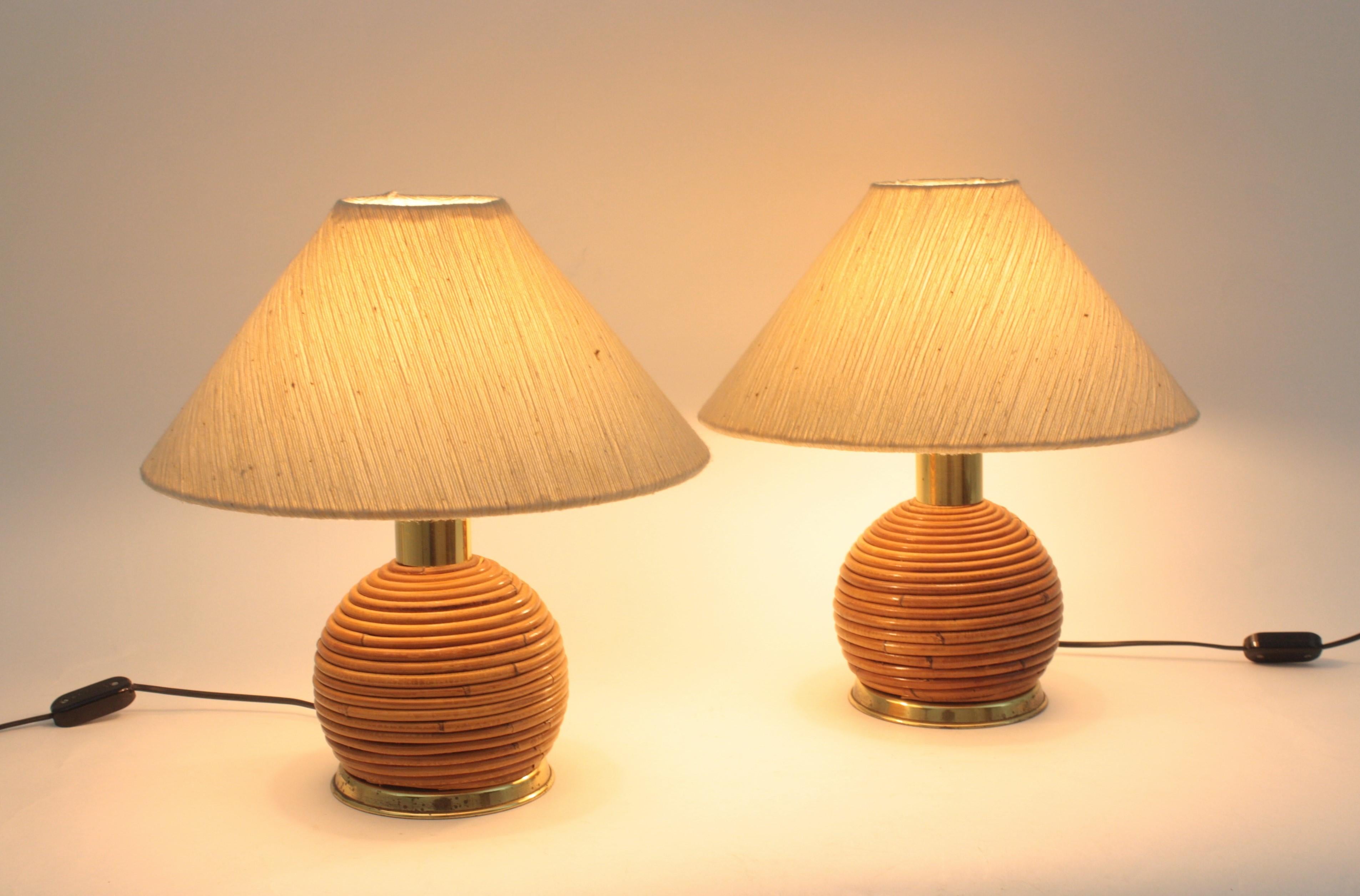 Pair of Rattan and Brass Italian Ball Table Lamps 3