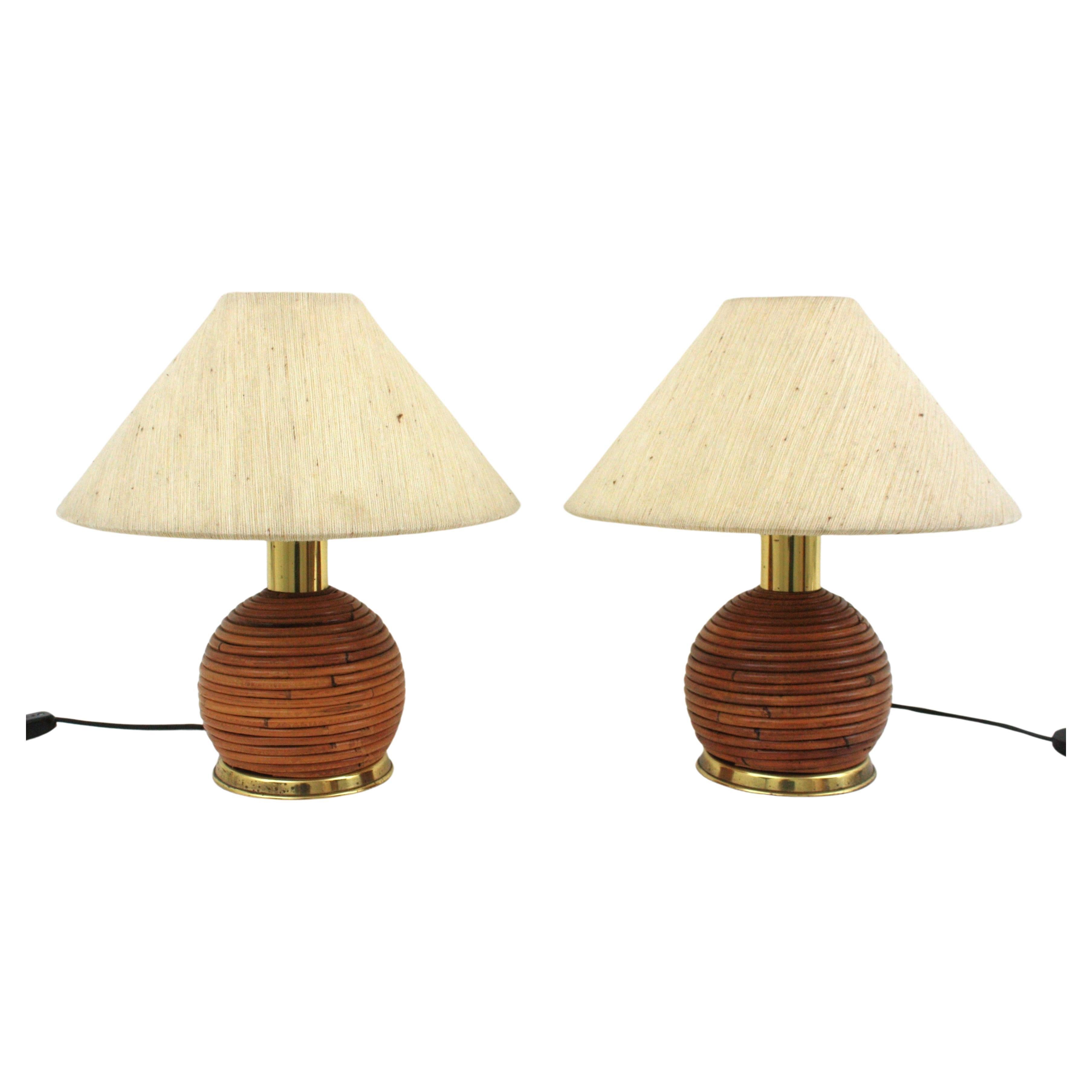 Pair of Rattan and Brass Italian Ball Table Lamps