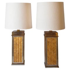 Pair of rattan and brass lamps, 1970s