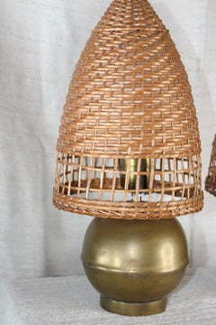 Pair of Rattan and Brass Lamps