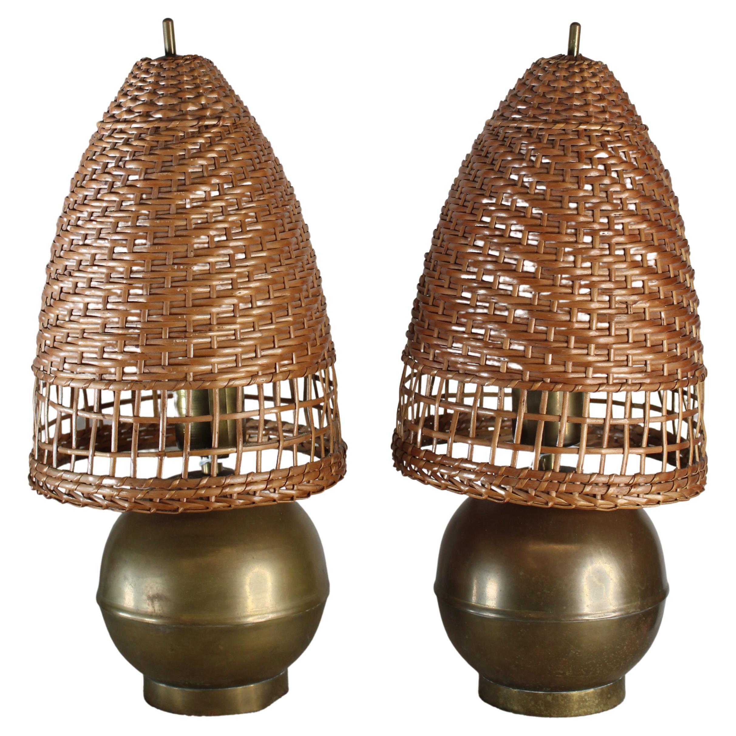 Pair of Rattan and Brass Lamps For Sale