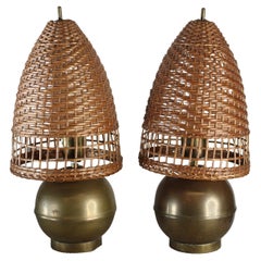 Pair of Rattan and Brass Lamps