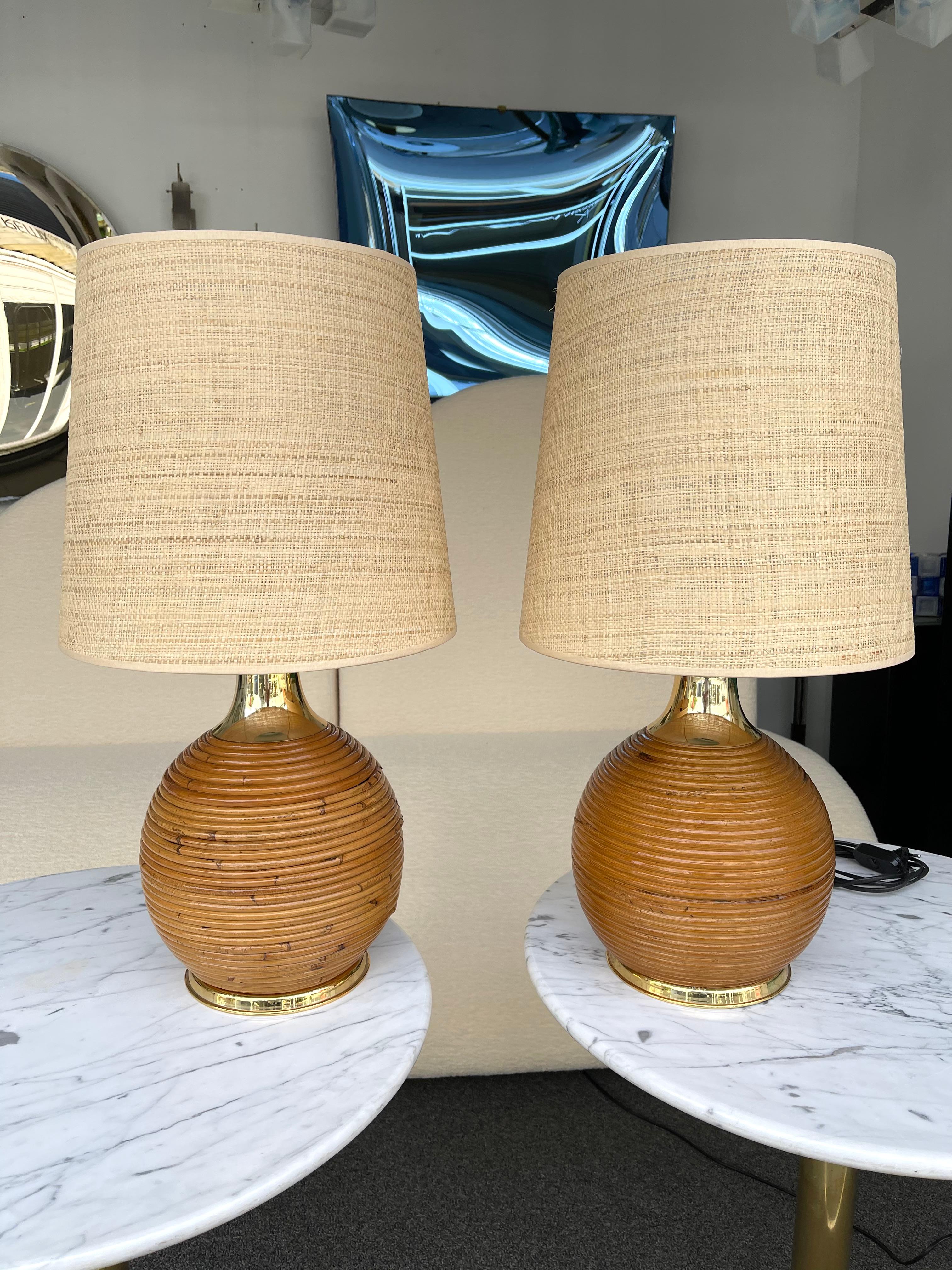 Pair of Rattan and Brass Lamps, Italy, 1970s 4