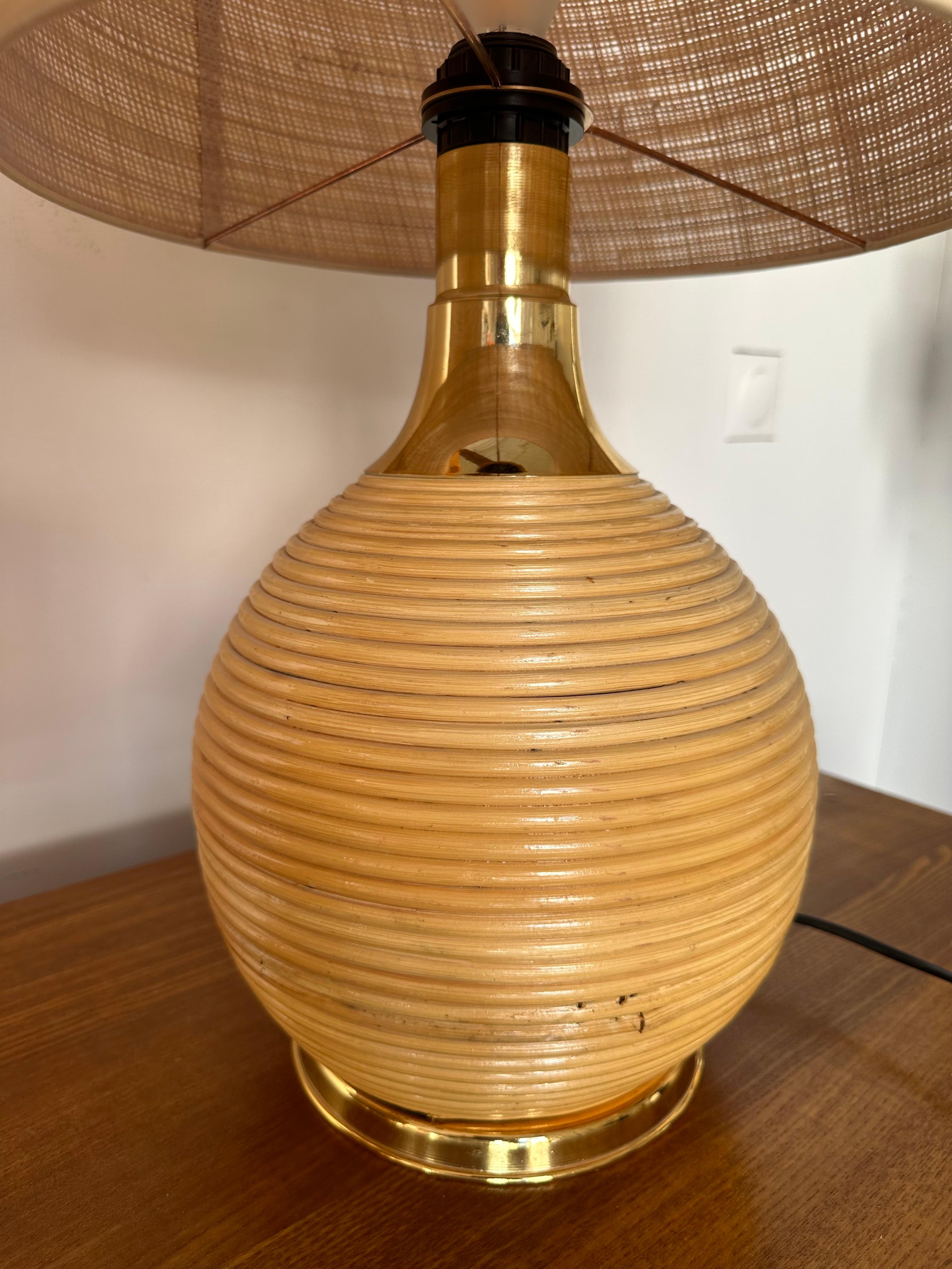 Pair of Rattan and Brass Lamps. Italy, 1970s For Sale 4