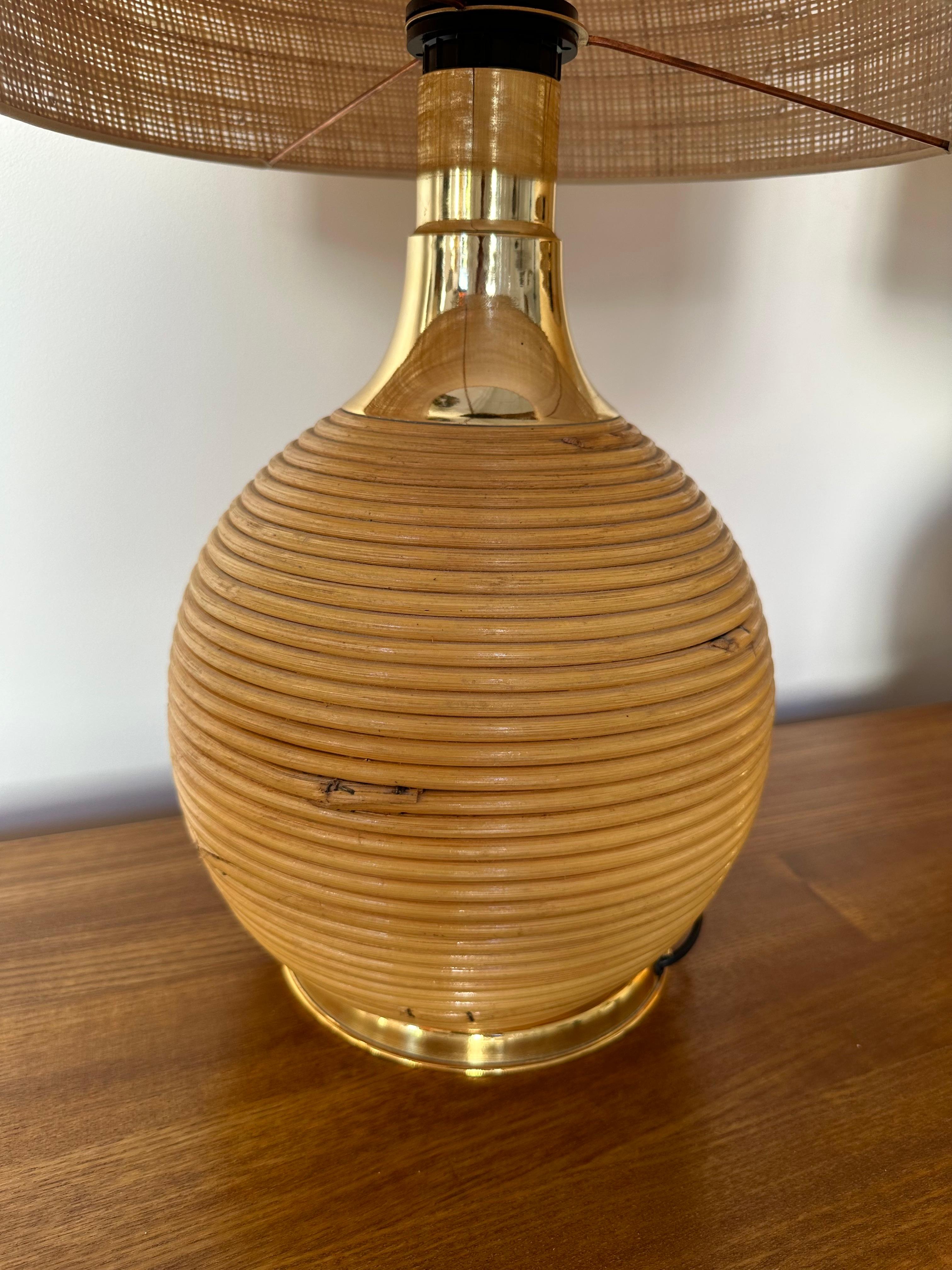 Pair of Rattan and Brass Lamps. Italy, 1970s For Sale 5