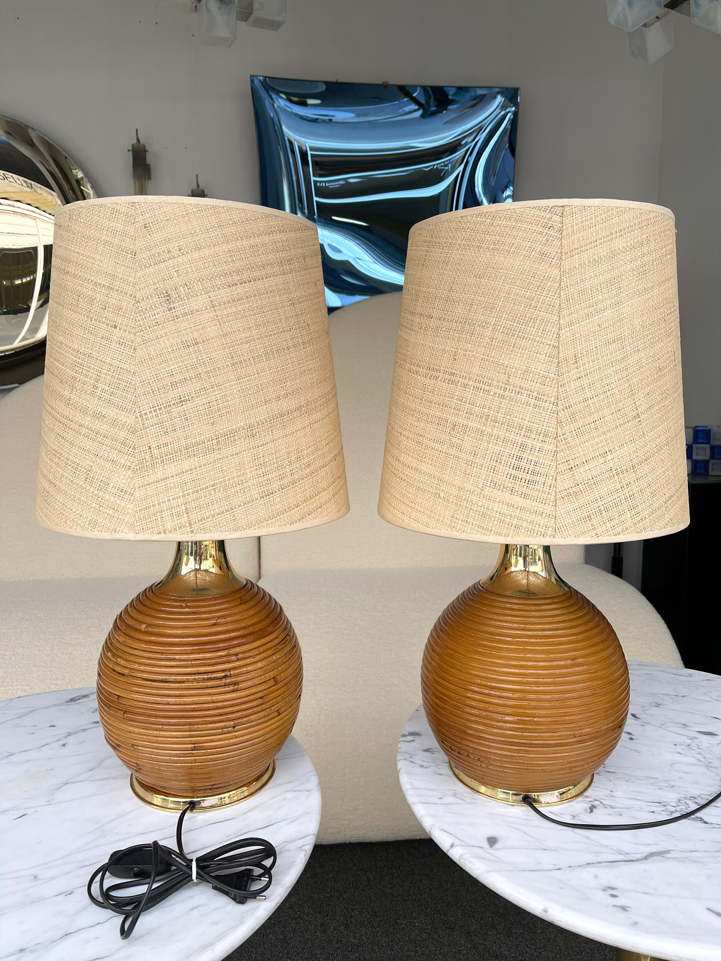 Italian Pair of Rattan and Brass Lamps, Italy, 1970s