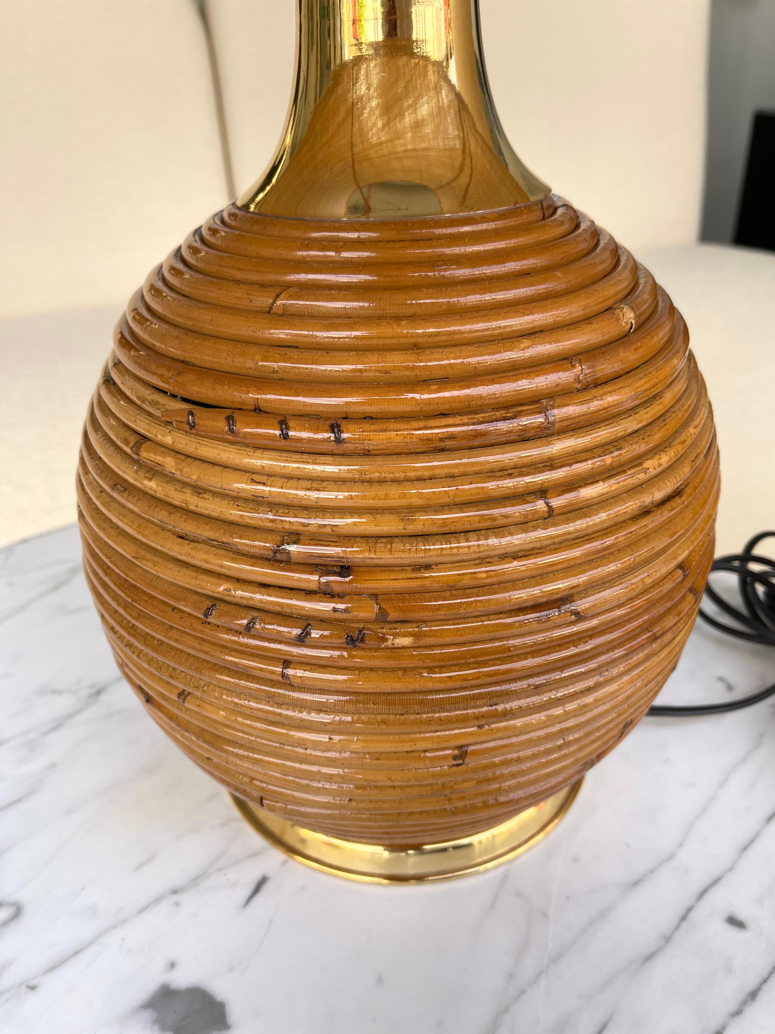 Pair of Rattan and Brass Lamps, Italy, 1970s In Good Condition In SAINT-OUEN, FR