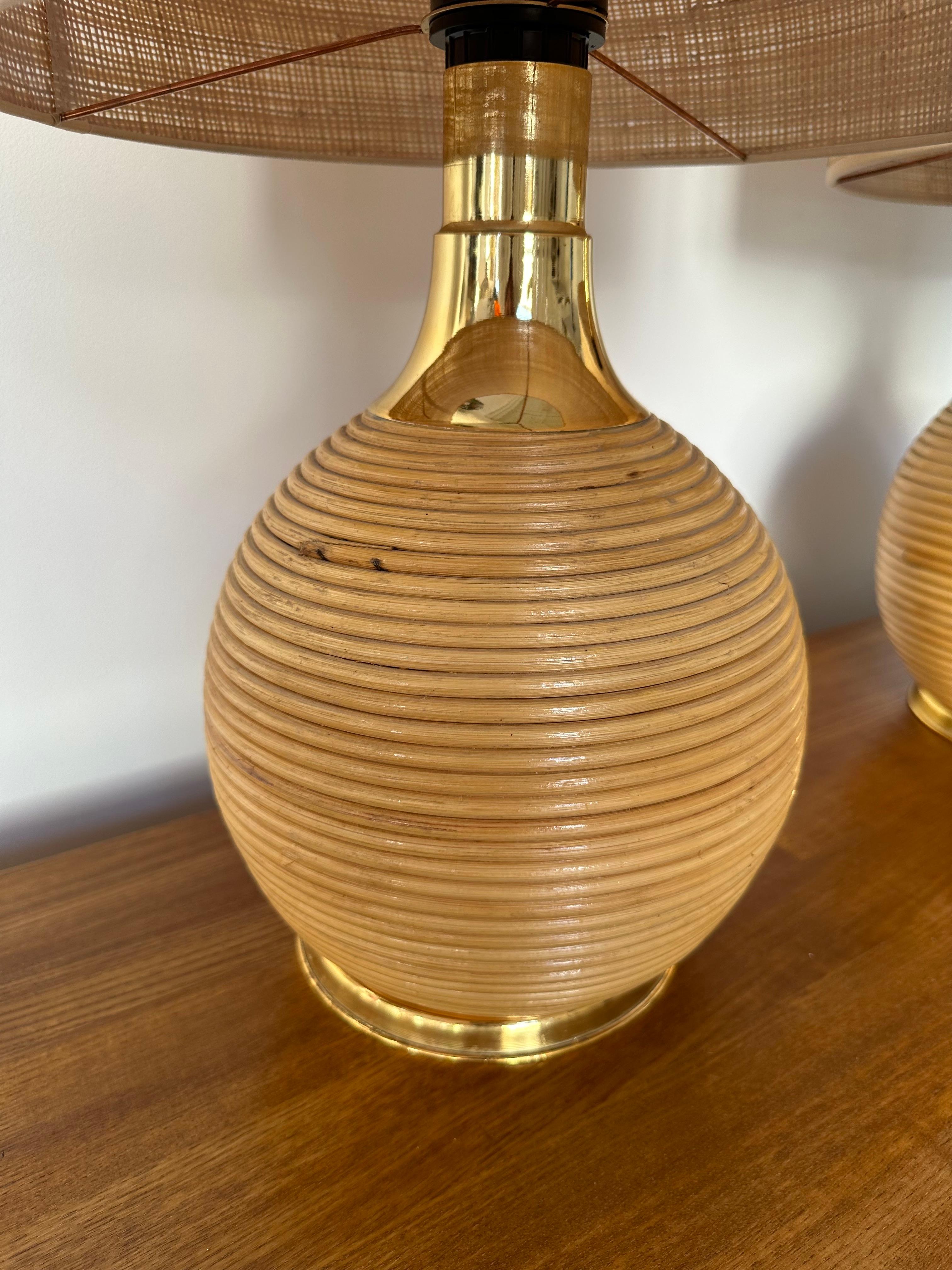 Late 20th Century Pair of Rattan and Brass Lamps. Italy, 1970s For Sale