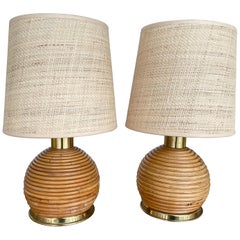 Pair of Rattan and Brass Lamps, Italy, 1970s