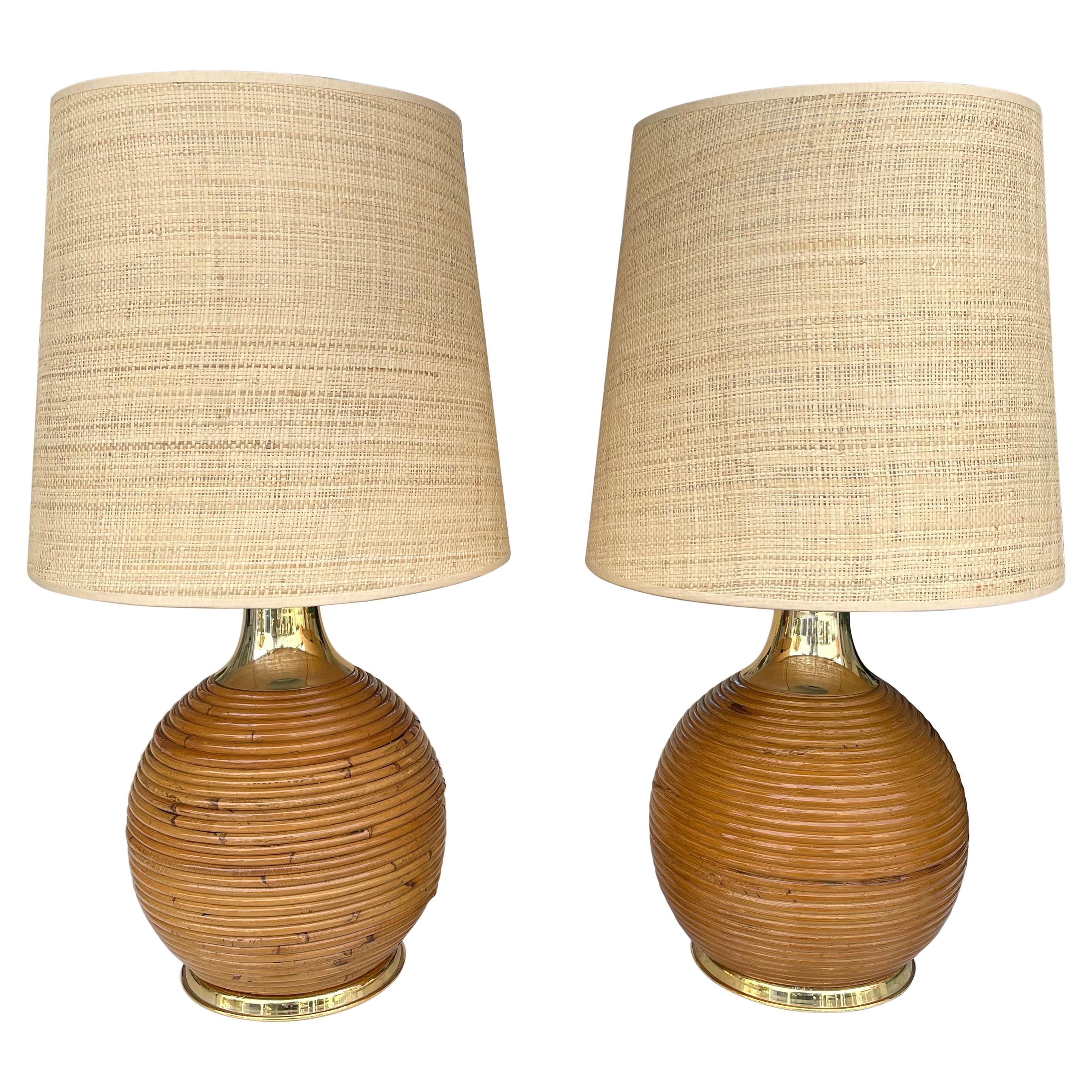 Pair of Rattan and Brass Lamps, Italy, 1970s