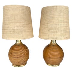 Pair of Rattan and Brass Lamps, Italy, 1970s